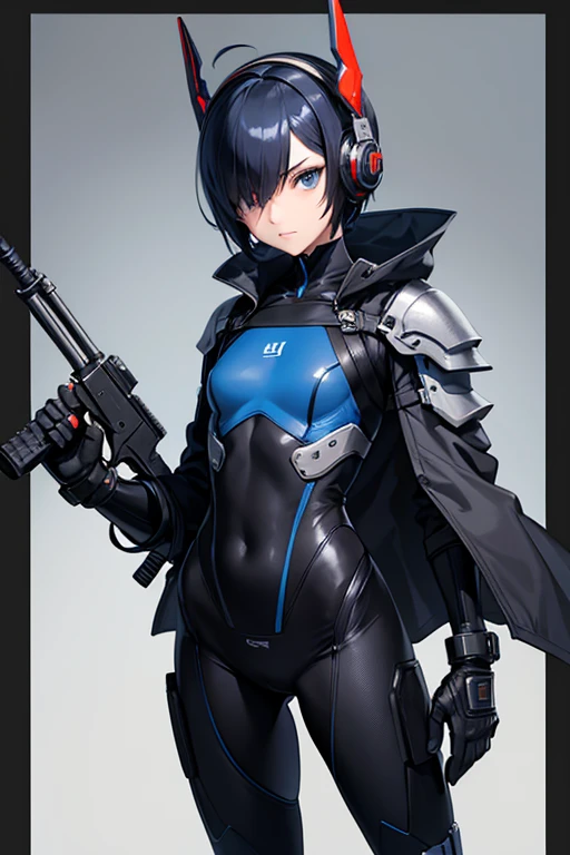 Dark blue hair，short hair，neutral，boyish，Hiding one eye，slender，Rin々A funny face，Powered Suit，Reinforced Suit，Black suit，mechanical，Science fiction，Black sleeveless coat，With a sword，headgear，Headphones，Small breasts，Small breasts，Flat Chest，tall，Slightly muscular，Handsome，The innerwear is a bodysuit，Armament，Pilot Suit，Hard boots，armor，Carrying a rifle，Chest protector，Protector on shoulder，I put on a coat，Waist device，1 person