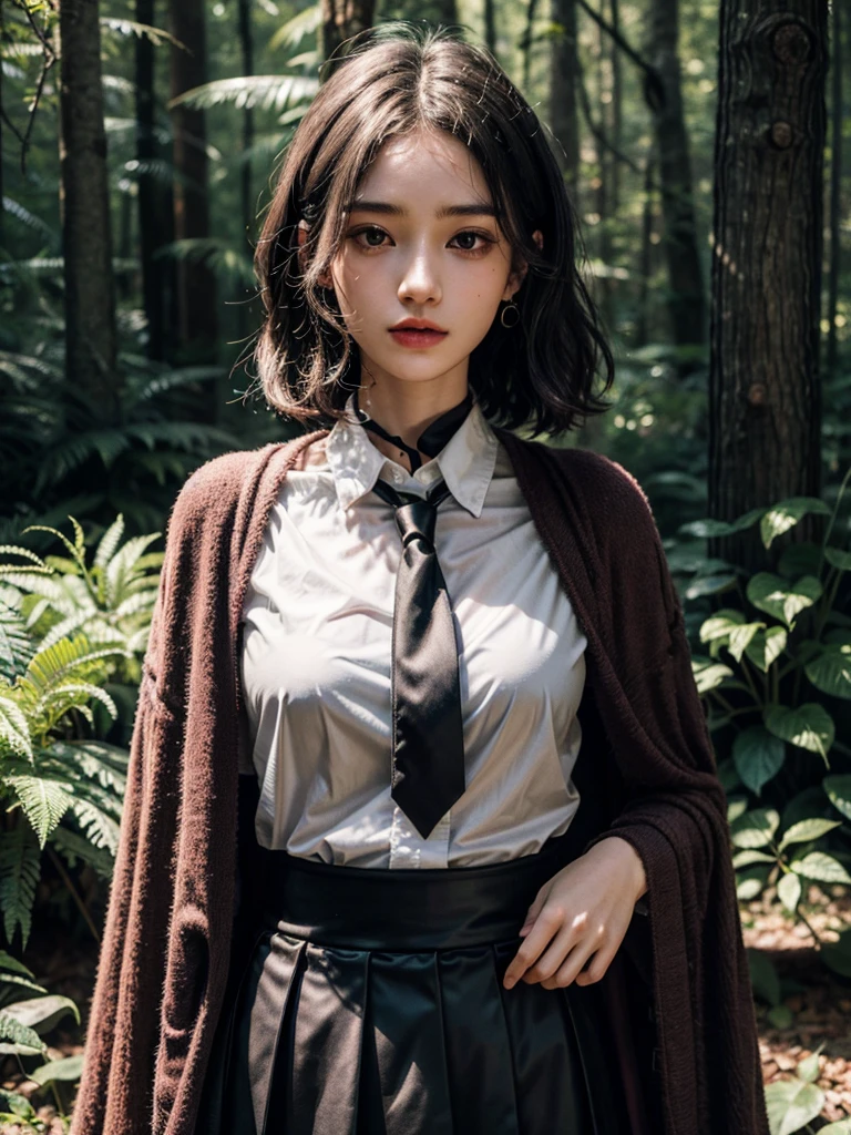 whole body, dark forest, hogwarts teacher, necktie, cloak, skirt, floresta Negra, absurdres, RAW photo, extremely delicate and beautiful, masterpiece, Best Quality, ultra high resolution, 32k, hyperrealistic, ultra-detailed, detailed description, pale skin, 20 years old, detailed beautiful face and eyes, tearful mole, earring, Colossal tits, short medium hair, wavy hair,