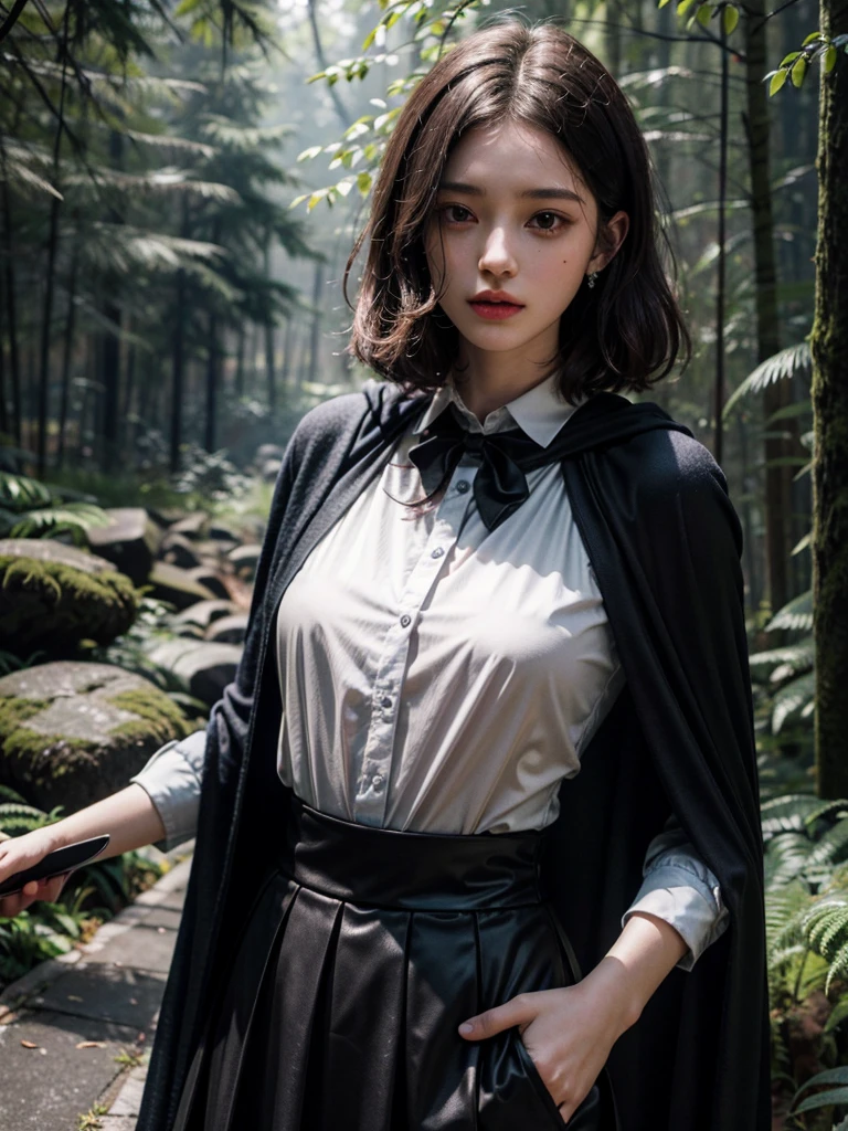 whole body, dark forest, hogwarts teacher, necktie, cloak, skirt, floresta Negra, absurdres, RAW photo, extremely delicate and beautiful, masterpiece, Best Quality, ultra high resolution, 32k, hyperrealistic, ultra-detailed, detailed description, pale skin, 20 years old, detailed beautiful face and eyes, tearful mole, earring, Colossal tits, short medium hair, wavy hair,