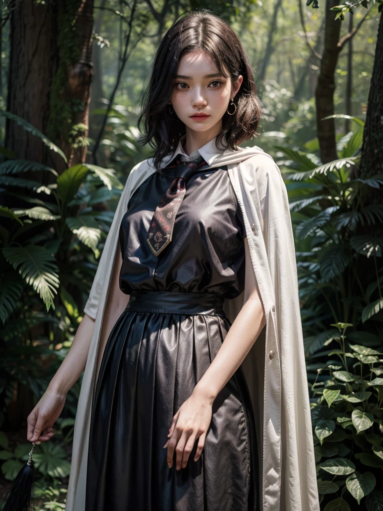 whole body, dark forest, hogwarts teacher, necktie, cloak, skirt, floresta Negra, absurdres, RAW photo, extremely delicate and beautiful, masterpiece, Best Quality, ultra high resolution, 32k, hyperrealistic, ultra-detailed, detailed description, pale skin, 20 years old, detailed beautiful face and eyes, tearful mole, earring, Colossal tits, short medium hair, wavy hair,