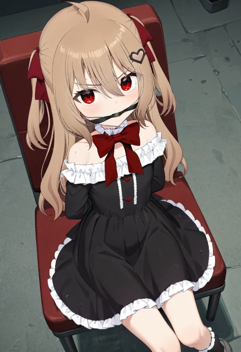 1girl, evil neuro-sama, (yuzu modoki), red eyes, light brown hair, ahoge, two side up, hair ribbon, dark red ribbon, heart hair ornament, black dress, frilled dress, off-shoulder dress, bare shoulders, frilled choker, long sleeves, red bow, red buttons, black heart, black socks, frilled socks, grey footwear, loafers, (masterpiece, best quality), highly detailed, finely detailed, chair, sitting, bound, from above, arm behind back, wet, angry, gagged, looking at viewer,
