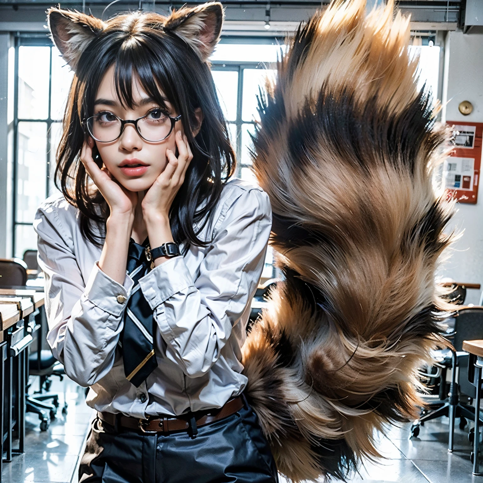 A woman in a business suit with a raccoon&#39;tail, software version, pov fur art, 毛深い尻tail, fur art, 尻tailのある毛皮の動物, (SFW) Workplace Safety, SFW, Anthropomorphic Raccoon, Realistic raccoon dog, fur art!!!, fur artist, Hurraffinity Fees, anthropomorphic fur art, photograph, highest quality, Troubled face