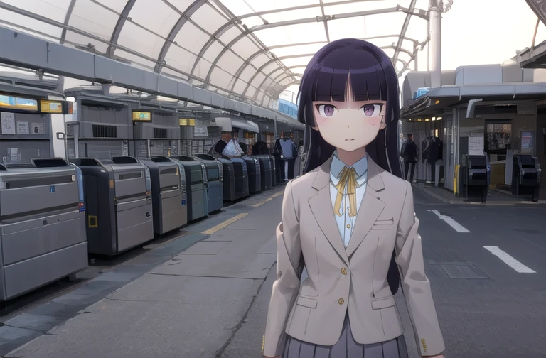 highest quality, Very detailed, figure,
gokou ruri, One girl, alone, Long Hair, bangs, socks, uniform, Gray Skirt, long skirt, blunt bangs, Sand-colored blazer, Straight hair, Hime cut, Collared shirt, ribbon, blue eyes, yellow ribbon,
Police, Automatic ticket gates, station, scenery, sign, Real-world locations, indoor, Sealing
 