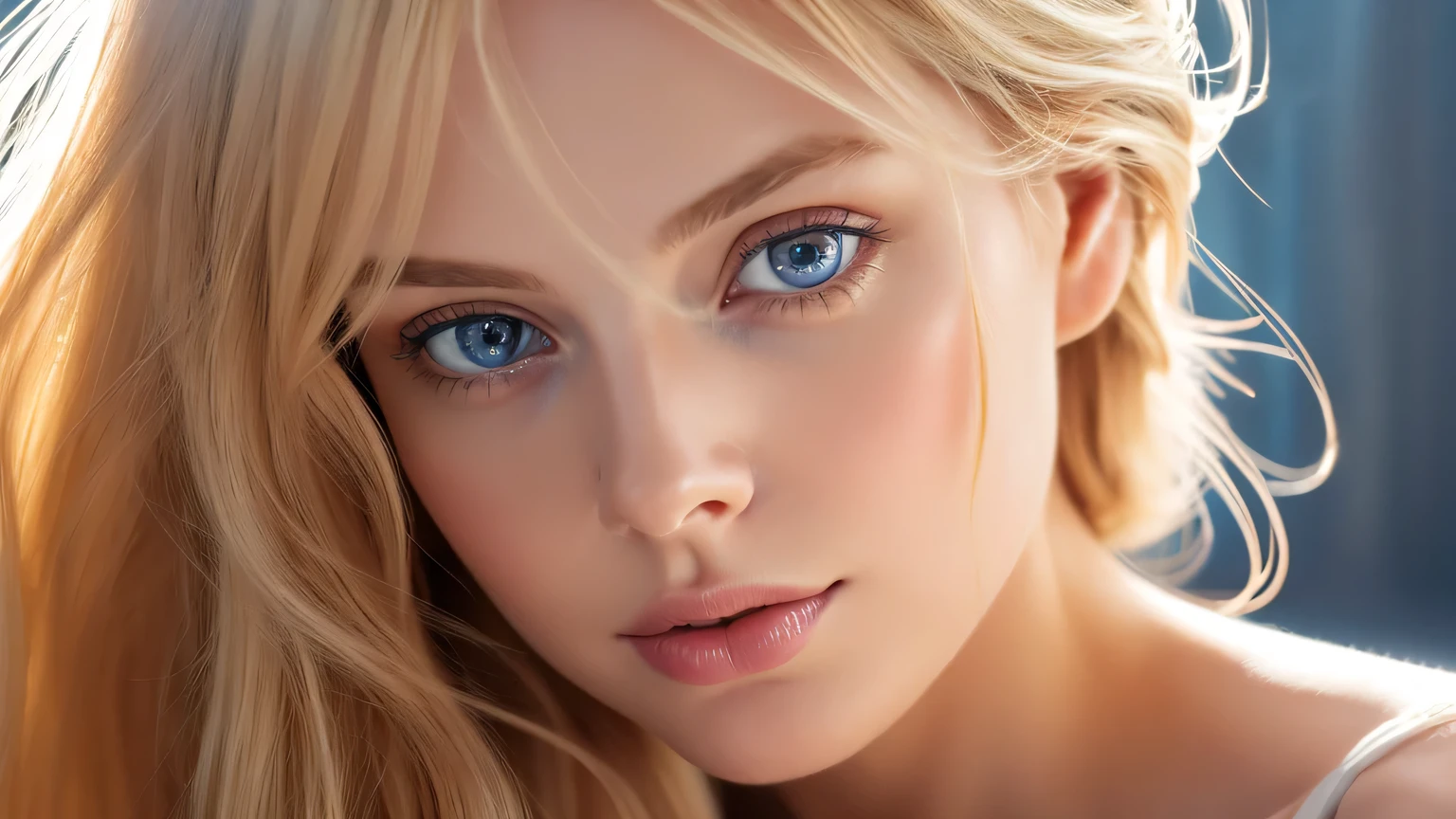 Soft portrait of a beautiful blonde woman, flowing golden hair, captivating blue eyes, delicate features, natural makeup, elegant attire, gentle expression, subtle blush, warm skin tones, ethereal lighting, soft shadows, high-resolution digital painting, realistic style, artistic interpretation, by a skilled portrait artist