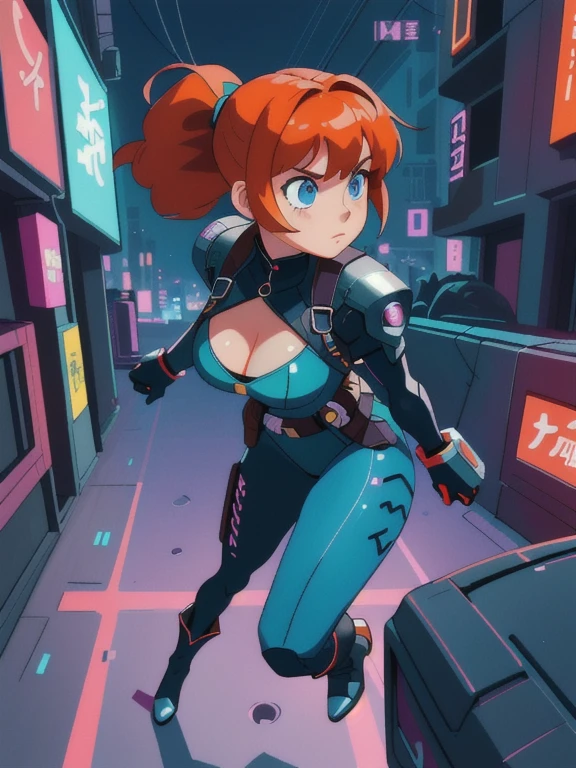 1girl ((32year old, dressed in a tight futuristic sci-fi bodysuit, cleavage, utility belt, armor, boots, medium breasts, short orange hair, pony tail styled hair, slim and athletic body:1.3, detailed blue eyes:1.5)) attack action, action with impact, full body, perspective composition, exaggerated composition, perfect composition, perfect eyes, large perspective, dynamic composition, dreamy cyberpunk girl, anime cyberpunk art, digital cyberpunk - anime art, cyberpunk anime girl, digital cyberpunk anime art, cyberpunk, cyberpunk anime art, cyberpunk vibe, cyberpunk art style, background is city, neon, night