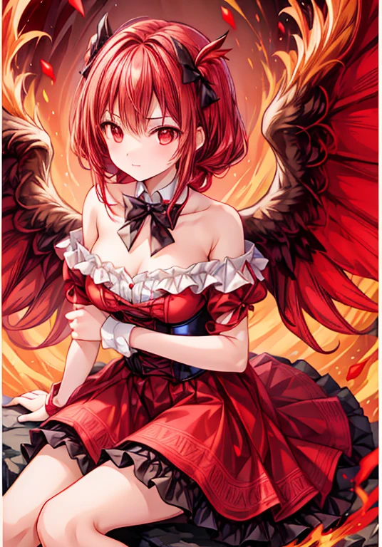 Cute girl, red long hair, red off-shoulder dress, corset, bow tie, grab your right arm, red wings of the phoenix, best quality, sitting on a rock