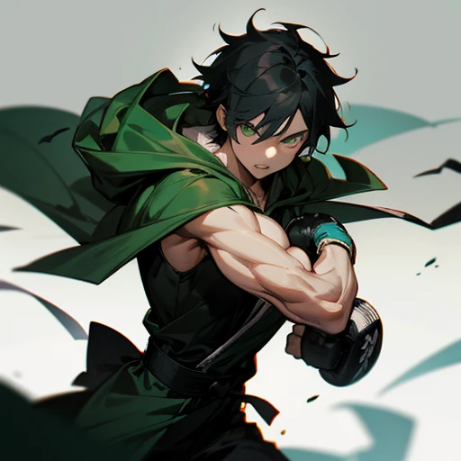 Concept ART,super heró Human Male Young ager , manga Style , hood Coat , Black haircat , Green pupils, Boxing ,half body