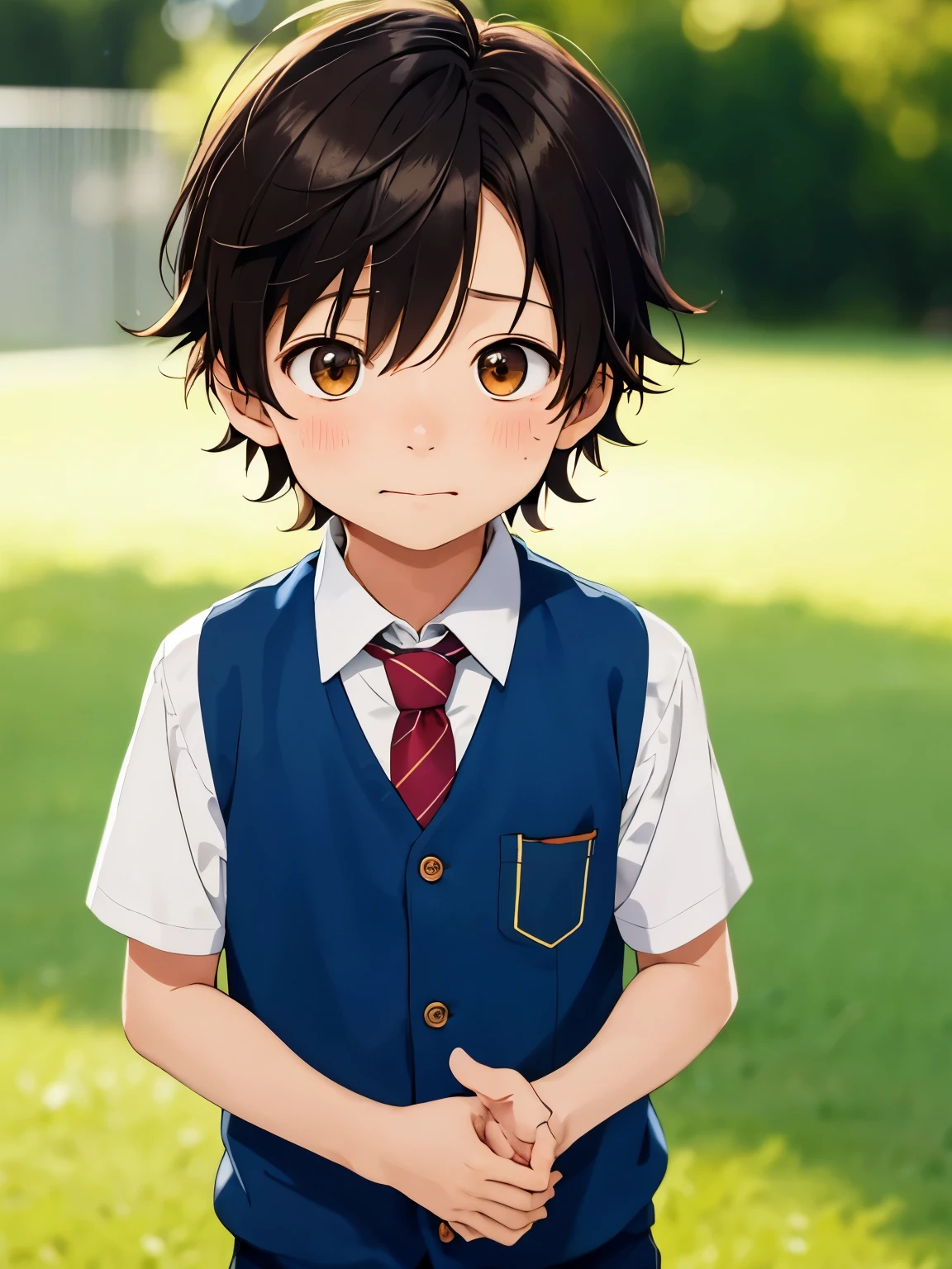 Highres, Masterpiece, Best quality at best,Best Quality,hight quality, hight detailed, 1boy, Boy,Messy hair, Side bangs, Shota, Sweat, Sleeveless vest, Tie, Glove, Depth of field, Anime screencap style, thin line, Seen from the front, Little sweat, Consert, e boy, (very small and short stature), (very young boy), 12-ar-boys,urry and simple beckground, bokeh, Uhd