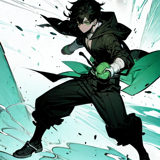 Concept ART,super heró Human Male r , manga Style , hood Coat , Black haircat , Green pupils, Boxing ,half body