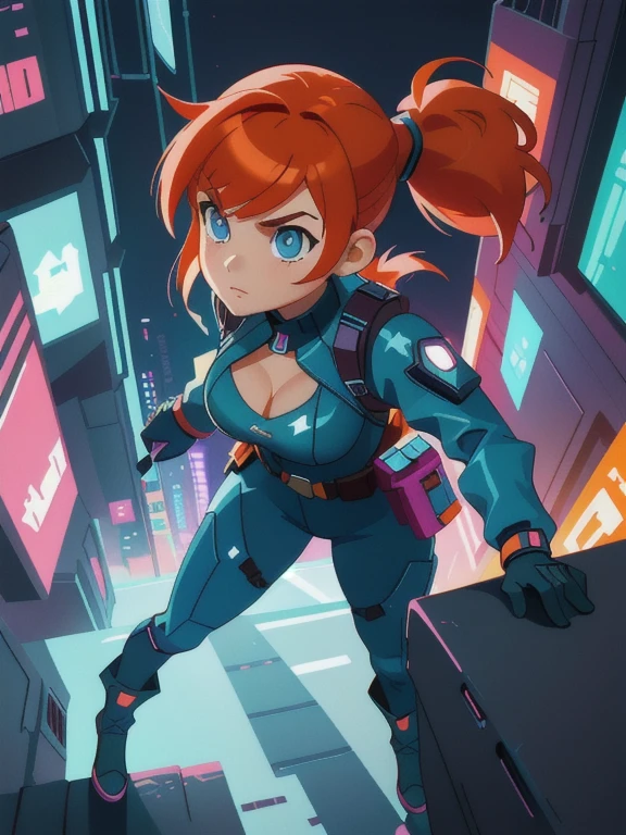 1girl ((32year old, dressed in a tight futuristic sci-fi bodysuit, utility belt, boots, medium breasts, short orange hair, pony tail styled hair, perfect model body:1.3, detailed blue eyes:1.5)) attack action, face close-up, action with impact, full body, perspective composition, exaggerated composition, perfect composition, perfect eyes, large perspective, dynamic composition, dreamy cyberpunk girl, anime cyberpunk art, digital cyberpunk - anime art, cyberpunk anime girl, digital cyberpunk anime art, cyberpunk, cyberpunk anime art, cyberpunk vibe, cyberpunk art style, background is city, neon, night
