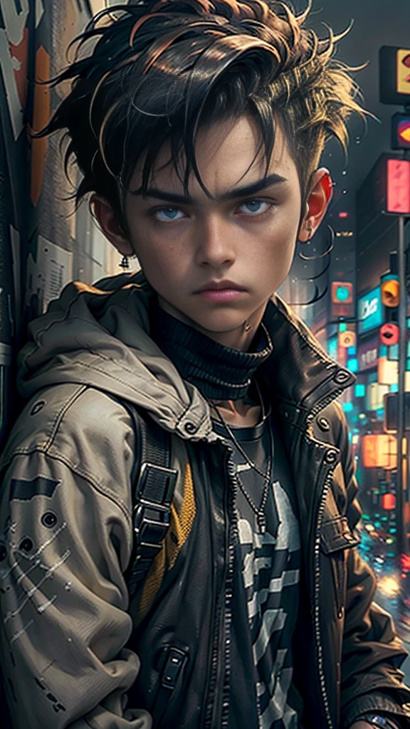 RAW photo, a close up portrait photo of 20 y.o 1boy, solo, realistic,shirt,jacket, cyberpunk, spiked hair,brown hair, yellow jacket, background is city ruins, (high detailed skin:1.2), 8k uhd, dslr, soft lighting, high quality, film grain, Fujifilm XT3, highly detailed background
