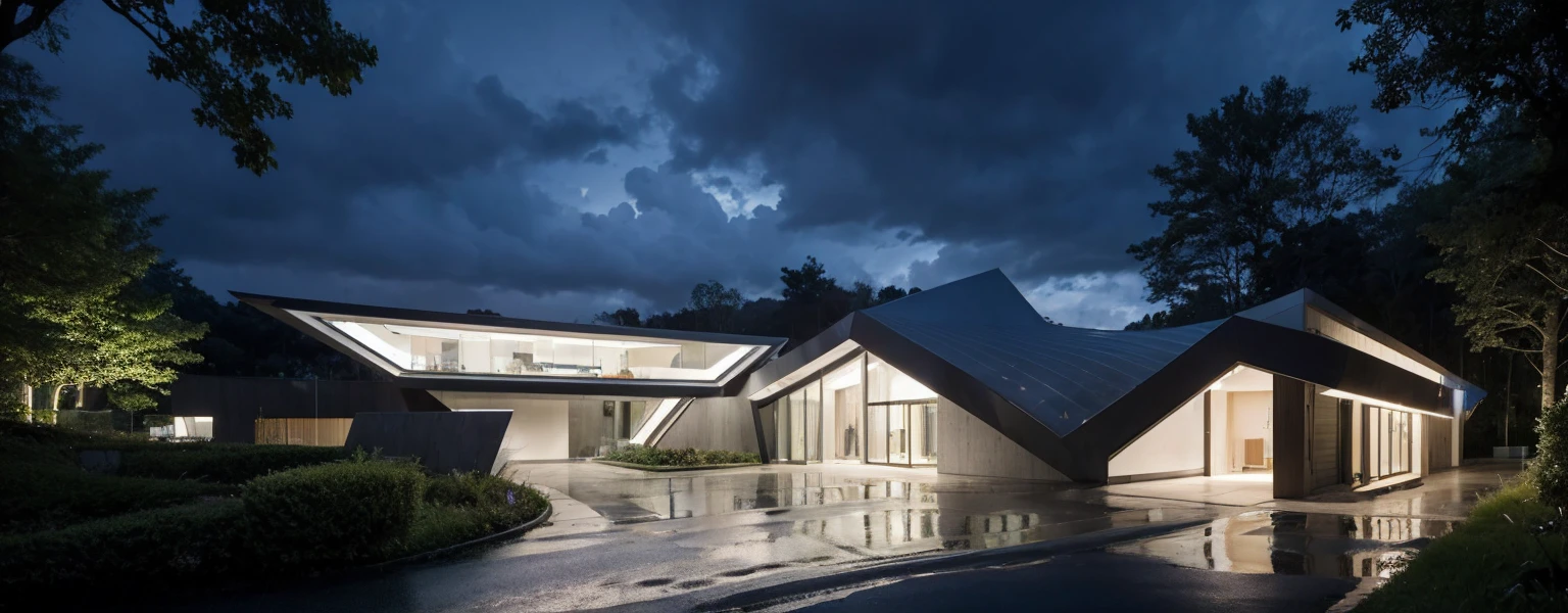View of panoramic persperctiva, cinematic lighting, a house of futuristic modern architecture in the foreground, surrounded by forests, in the background there are beautiful skies, (rained), ((a house)), ((one car)),