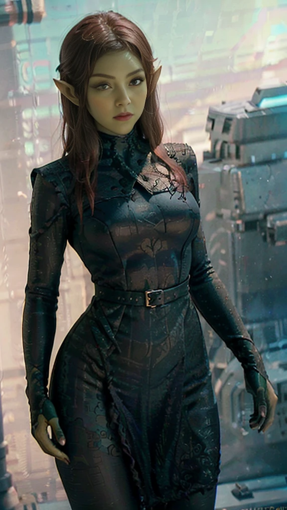 hyper realistic, 16k, best quality, masterpiece, (photorealistic:1.4), 1girl (alternative elf), Pretty young, Dream aesthetic, solo, red silky hair (realistic texture), pointed ears, realistic eyes, green skin, illuminated skin, realistic shading, (modern) black gothic dress (realistic textures), big hips, tights. waist up, dramatic lighting, from below, front, front view, multiple different poses at different angles, glowing skin, front, back lighting, athletic figure, muscular female, curvy, wide hips, colorful, looking at viewer, Hyperrealistic, gradient background, dark background, outline, cinematic lighting, (chromatic aberration, intricate details)