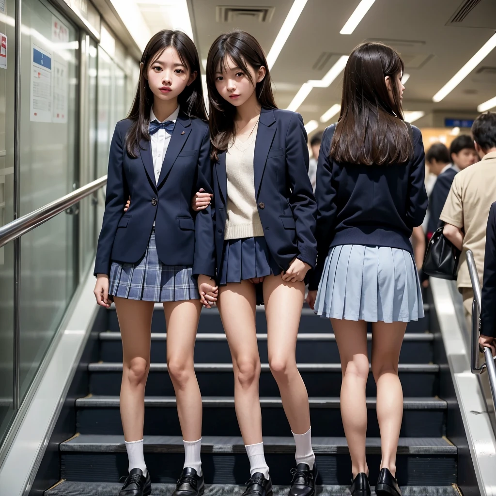 ((highest quality)), ((masterpiece)), (Familiar), A high school girl riding an escalator on her way to school、Glare、Navy Blazer、mini skirt、Navy blue socks、Back view、Photo secrets、(真From belowの眺め)、Navy blue socksのクローズアップ、mangaコマ割り、mangaスタイル、manga、Station Escalator、Everybody line up on the left、顔のみのコマとBack viewのコマ,(From below:0.1),(I can see the pussy line:1.3)