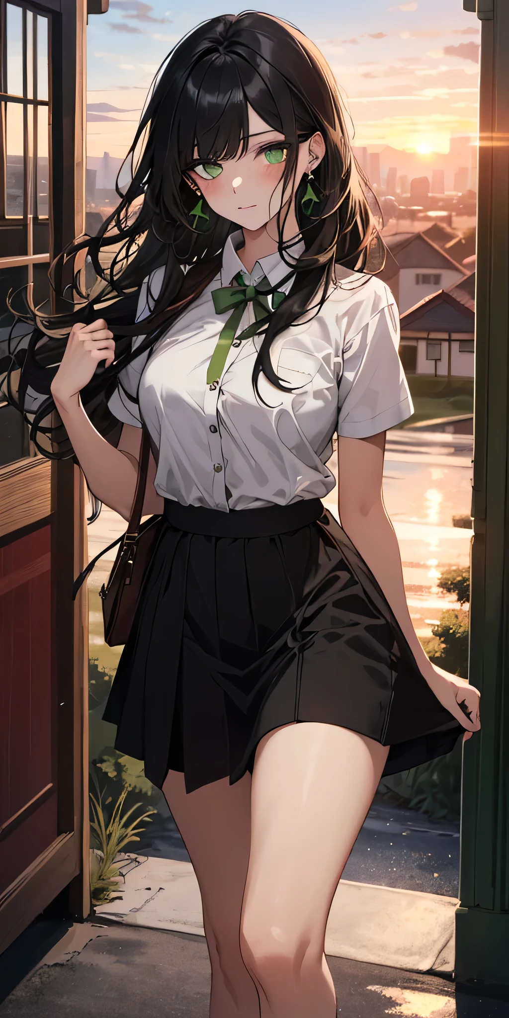 (top quality, masterpiece, high quality, ultra-delicate), ((beautiful girl)), ((Dark black hair)), ((mature)), graceful curves, (long hair, long bangs), ((bright green eyes)), detailed eyes, modern clothing, bangs, fashionable clothing, white shirt, ((long black skirt)), casual ribbon, large breast and chest, charm, fashion, sunset in the background small blush, thick thighs, breast, green earrings.