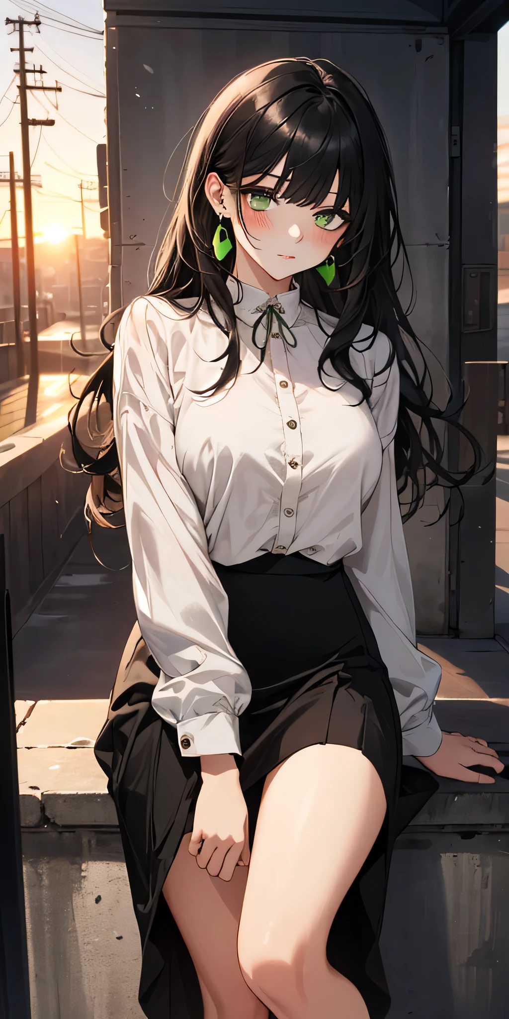 (top quality, masterpiece, high quality, ultra-delicate), ((beautiful girl)), ((Dark black hair)), ((mature)), graceful curves, (long hair, long bangs), ((bright green eyes)), detailed eyes, modern clothing, bangs, fashionable clothing, white shirt, ((long black skirt)), casual ribbon, large breast and chest, charm, fashion, sunset in the background small blush, thick thighs, breast, green earrings.