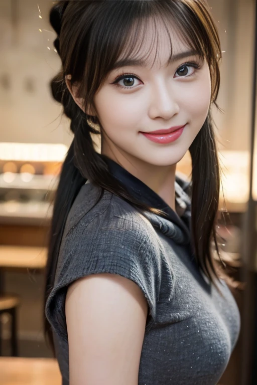 (looking down on the audience:1.3),(from side:0.9), ((Face)), (Close-Up:0.4), ((looking at viewer, holding a cake)),highest quality、(real、photorealistic:1.4),(ultra high resolution, 8K RAW photo, clear focus), best qualtiy, natural lighting, field depth, (Bright pupils, detailed beautiful eyes, high detailed face), Red lip, (tight focus:1.2, from below), sexy posing, 1female, teacher, wearing a dark brown hoodie, bootyshorts, Thicc, big breast, silver hair, long hair, blue eyes, pretty girl, (highly detailed beautiful face and eyes,firm breasts),oily skin,((black,hair,long pony tail hair)),thin pubic hair,cute,lovely,24 years old,(alchemist costume:0.8), detailed eyes, the background is a pizzaria, smiling,(with sparkling eyes and a contagious smile), looking at viewer,