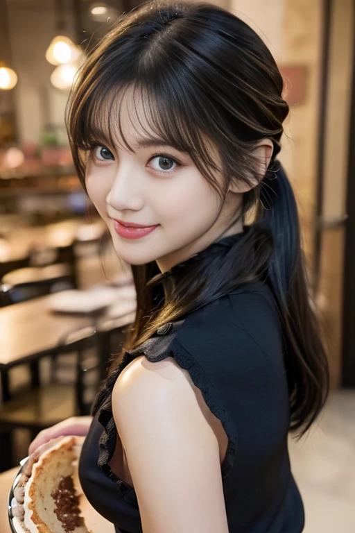 (looking down on the audience:1.3),(from side:0.9), ((Face)), (Close-Up:0.4), ((looking at viewer, holding a cake)),highest quality、(real、photorealistic:1.4),(ultra high resolution, 8K RAW photo, clear focus), best qualtiy, natural lighting, field depth, (Bright pupils, detailed beautiful eyes, high detailed face), Red lip, (tight focus:1.2, from below), sexy posing, 1female, teacher, wearing a dark brown hoodie, bootyshorts, Thicc, big breast, silver hair, long hair, blue eyes, pretty girl, (highly detailed beautiful face and eyes,firm breasts),oily skin,((black,hair,long pony tail hair)),thin pubic hair,cute,lovely,24 years old,(alchemist costume:0.8), detailed eyes, the background is a pizzaria, smiling,(with sparkling eyes and a contagious smile), looking at viewer,