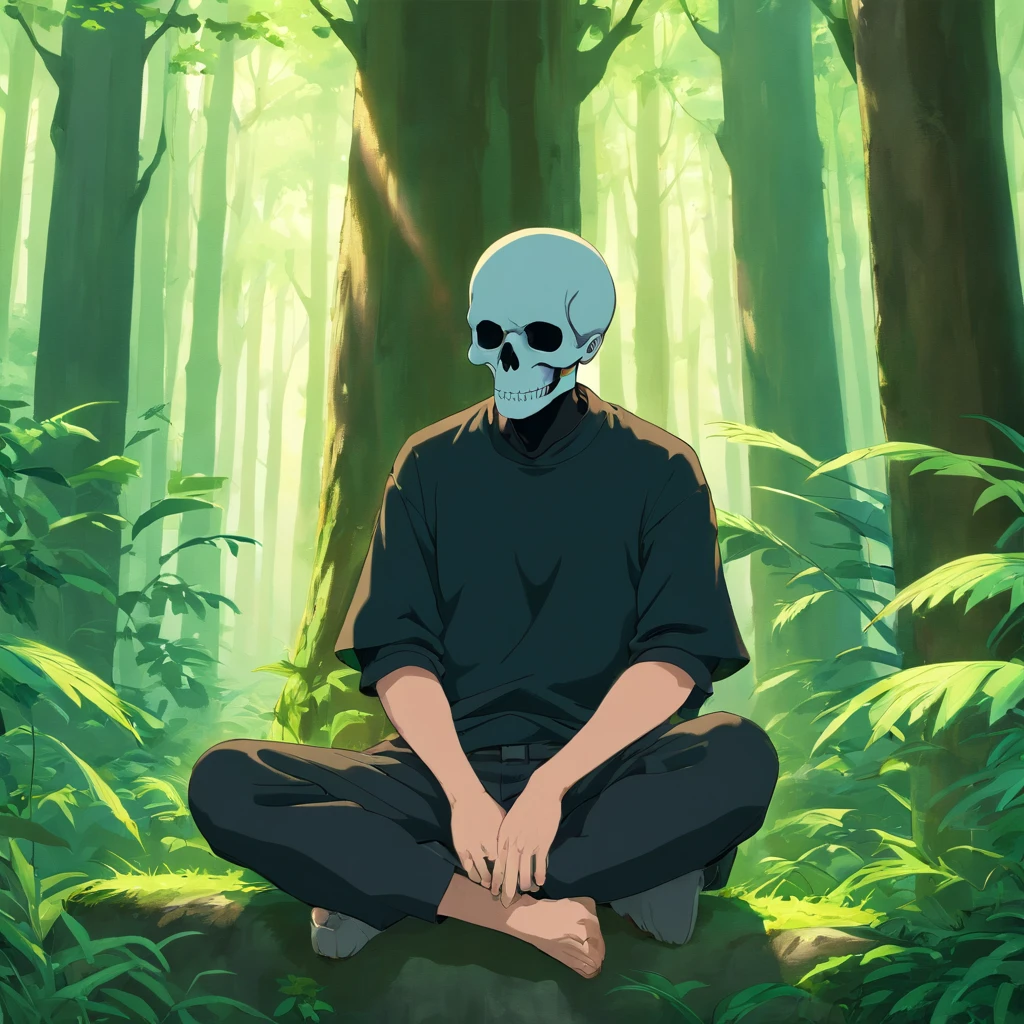 A man with a skull mask, wearing black streetwear , relaxes in a beautiful lush forest, in a contemplative pose