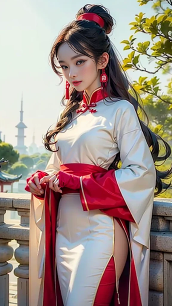 8k, Masterpiece Best Quality, Women, Man, (Gentle Shape), perfect face, hanfu dress, sexy, fascinating, thin fabric chinese dress, tower, red lantern tower,