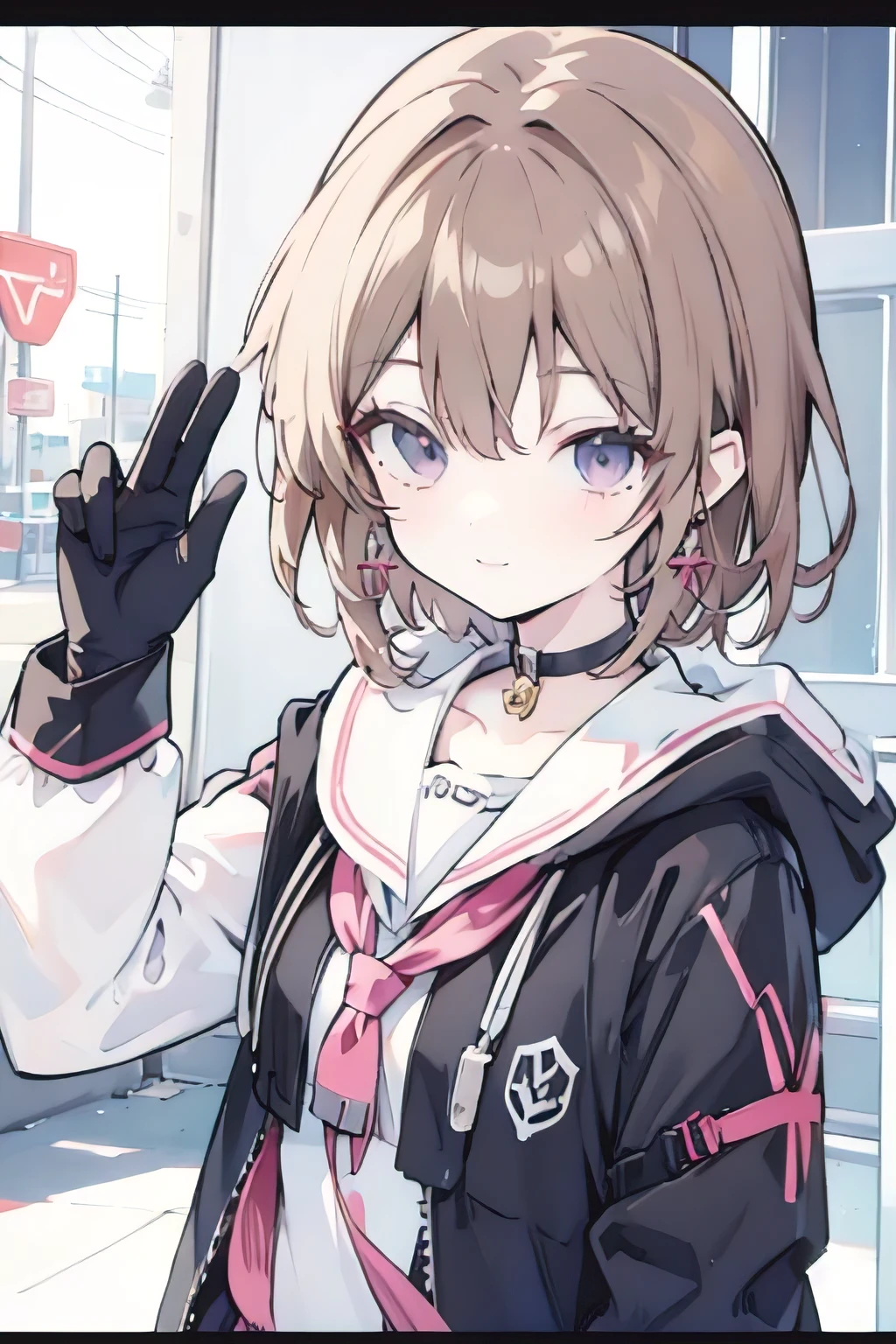 1girl, anime_coloring, black_eyes, black_gloves, brown_hair, choker, earrings, gloves, jewelry, letterboxed, parody, short_hair, smile, solo, style_parody,