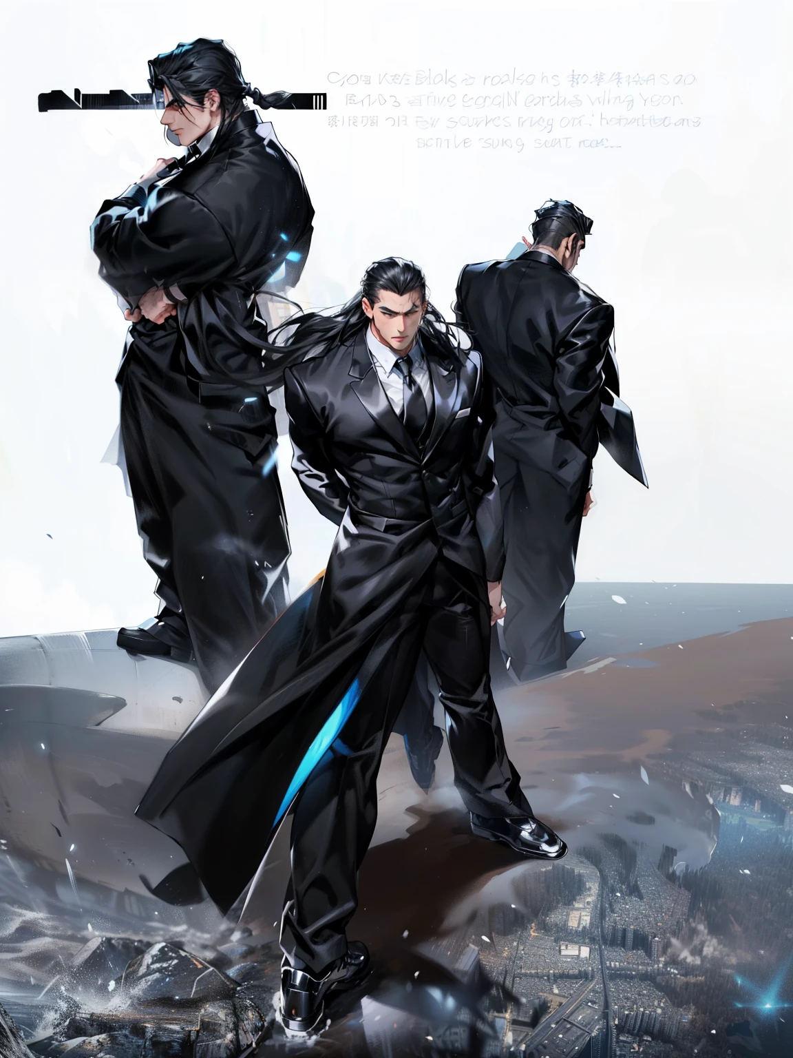 boys 26 Years old, Serious face, muscular, slick back long hair, wearing ((black long suits, white shirts, black ties, black pants)), high cut boots, ((hands behind back)), levitate in the air, cloud, blue sky