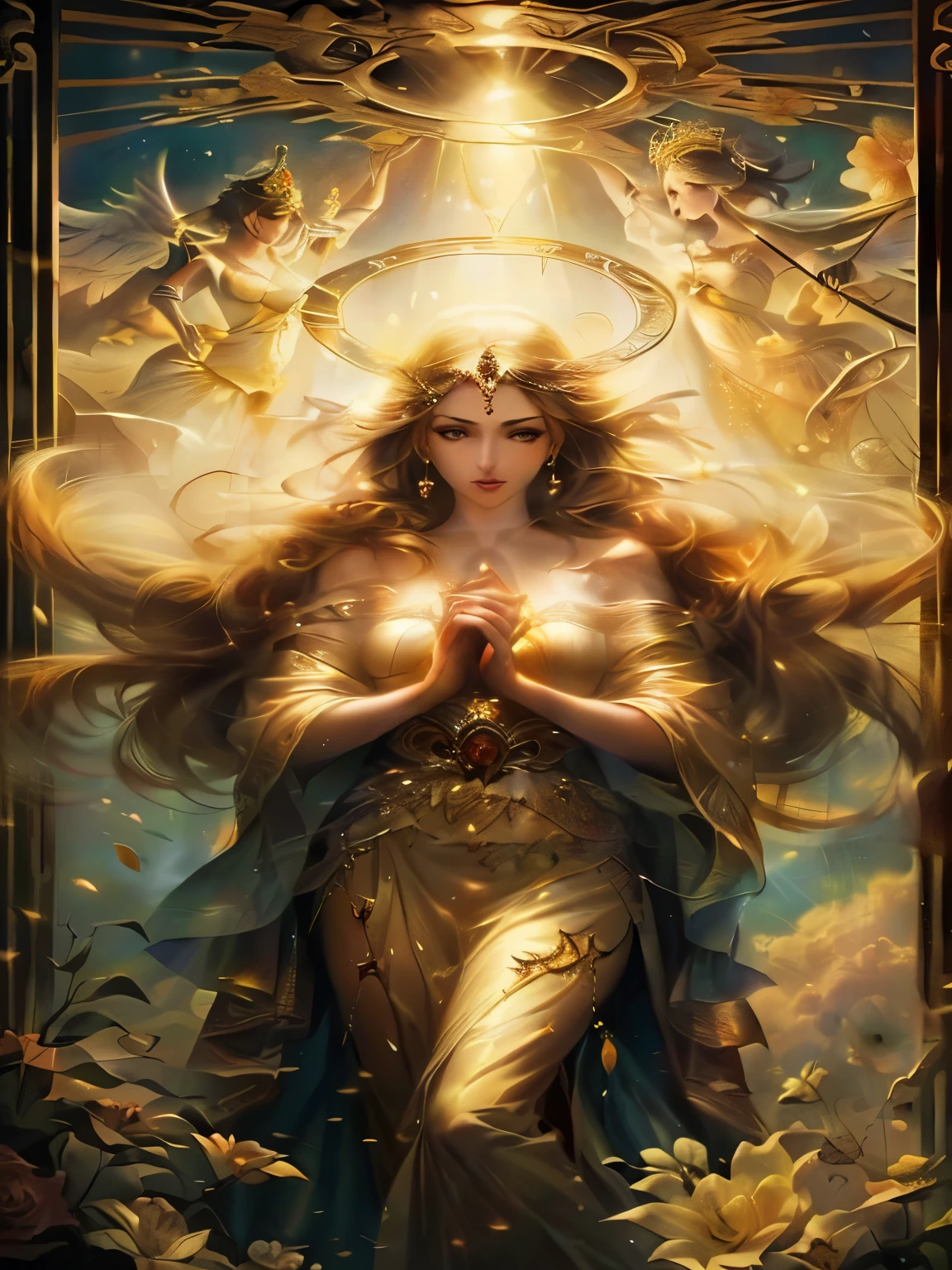 um desenho，The painting shows a woman holding a crown and an angel in her hands, deusa. Detalhe extremamente alto, um retrato deslumbrante de uma deusa, linda deusa de leo, artgerm julie bell beeple, Estilos de arte, Artgerm detalhado, retrato de uma linda deusa, uma linda imperatriz de fantasia, Arte Germe. anime illustration, retrato de deusa,Breasts are sexier