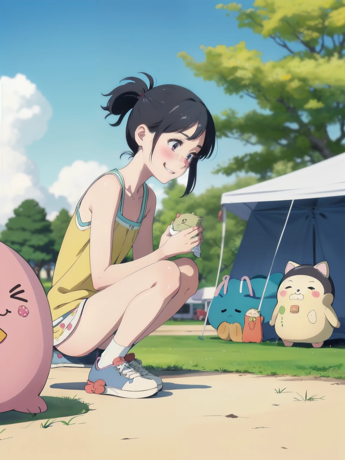 (super flat, flat shading), 1 girl，10 years old, , , Holding and showing panties，take up，baby face，Very short stature，very small flat chest，Very flat chest that looks like it might expand，very thin limbs，sneakers， camp site， (White Sumikko Gurashi printed panties:1.2), Pee stains:1.2，round glasses，Spring break，smile，blush，A little embarrassed，spring，Cherry tree，blue sky，bright，Low - Angle，Bright color，watercolor，ghibli style，accurate and detailed female fingers，