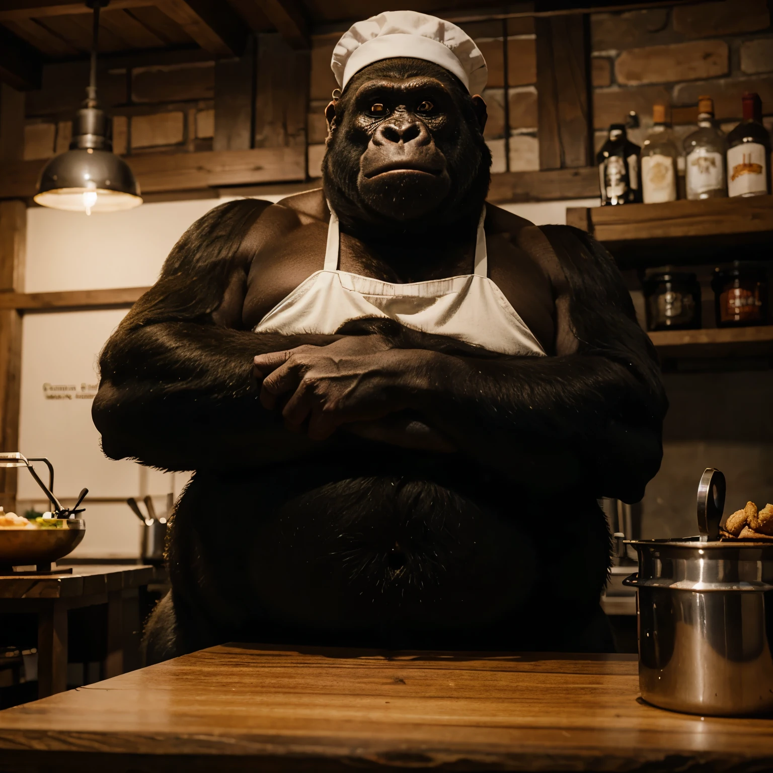 Fat gorilla with a chef hat and white tanktop cooking in a darkwood tavern 