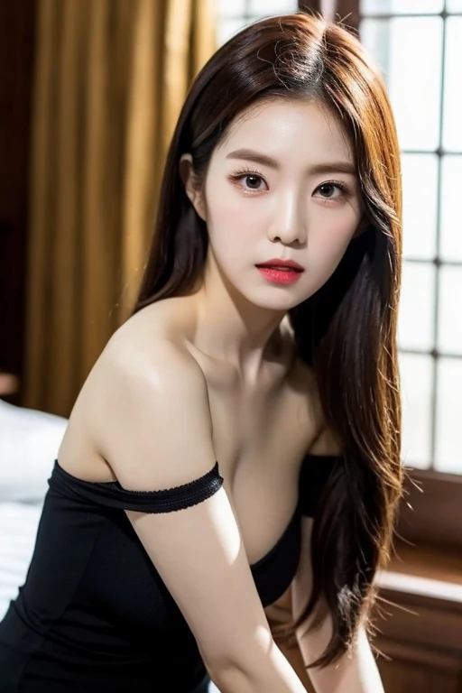 , (Mature body), Solitary,Long gray hair,black hair color, Off-shoulder, black eyes,1 Sister,A sexy pose,best quality,masterpiece,light,Extremely exquisite and beautiful,CG,Unite,8K Wallpaper,Astonishing,detailed,masterpiece,Official Art,The content is very detailed Cg Unite 8K Wallpaper,Extremely ridiculous,Huge file size,ultra - detailed,high resolution,The content is very detailed,Beautiful and delicate girl,Practical,full,Hotel Room,Light Contrast, Lopez, fully body photo, full, White under underwear