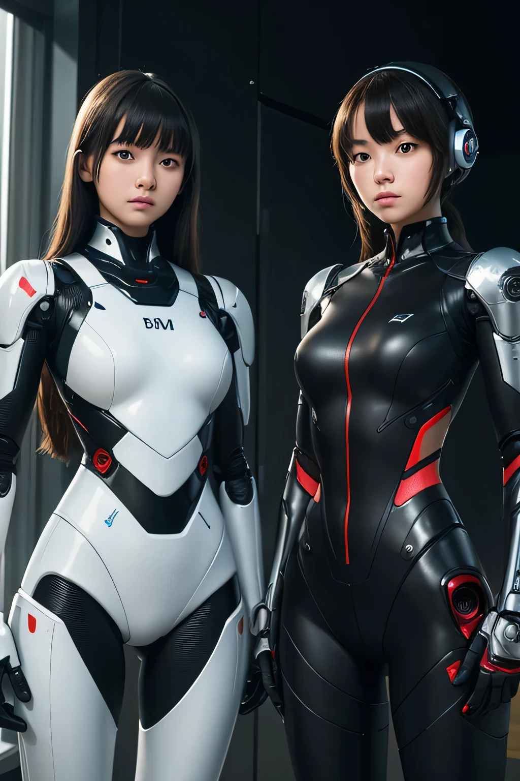 Two high school girls are transformed into spy robots　Almost identical mechanical bodies　Standing side by side　The background is the classroom, expressionless, UHD, retina, masterpiece, ccurate, anatomically correct, textured skin, super detail, high details, high quality, award winning, best quality, highres