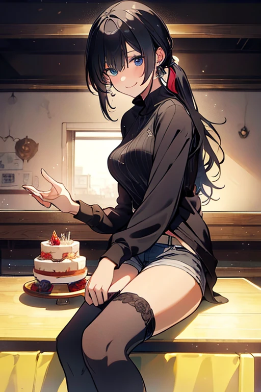 (best quality,masterpiece:1.2,detailed details,4k),A dim old apartment, a small birthday cake on an old wooden table, a modern apartment, an alarm clock on the wall, an anime scene,
A girl with modern gothic makeup, fair skin, modern clothes, black eyeshadow, a tank top, a sexy body, earrings and lip studs, fishnet stockings, posing in an attractive pose, kneeling on the wooden floor, a loving expression
Upward shot