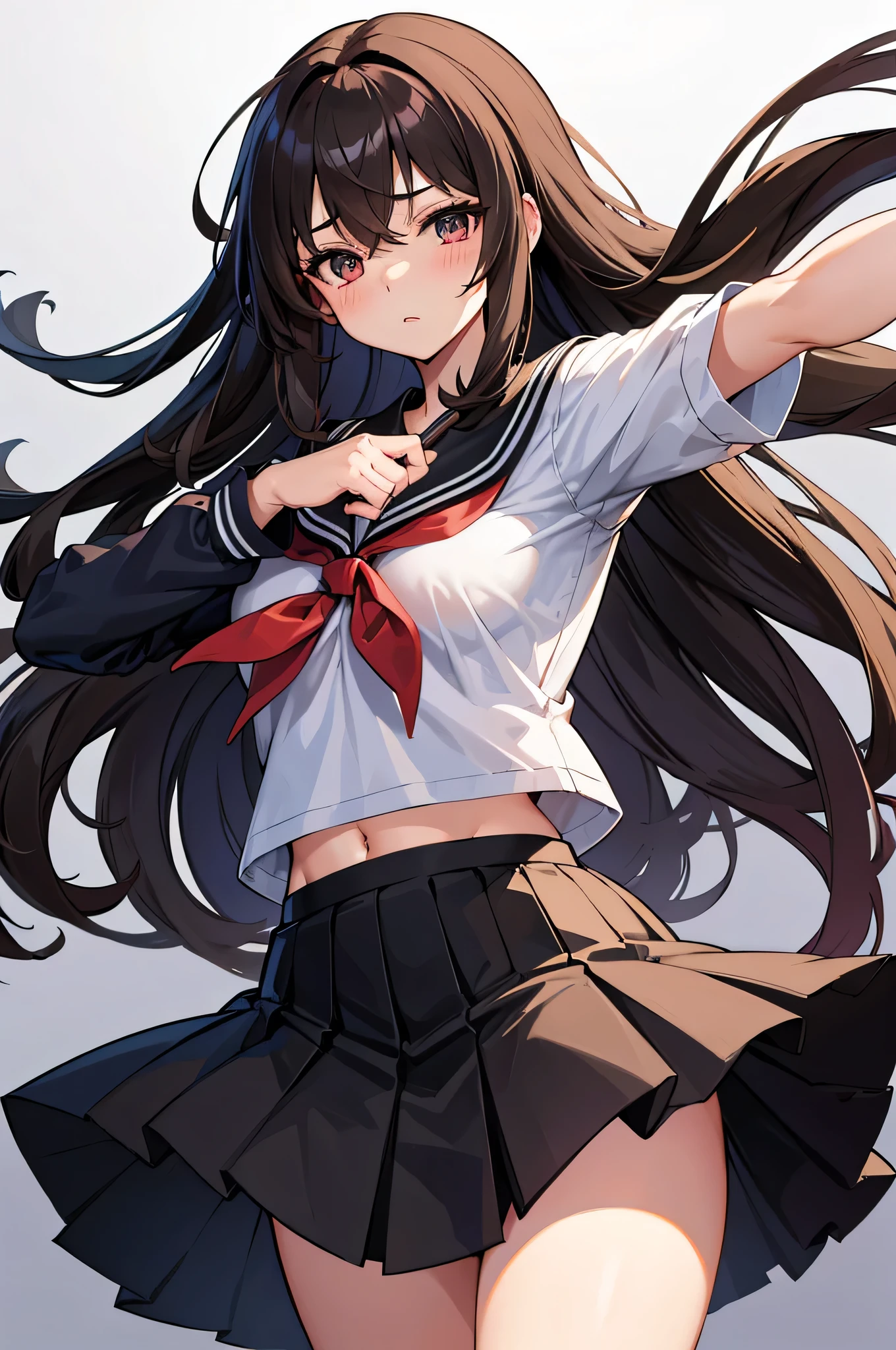 an anime character with long brown tresses and a short miniskirt in sailor very open outfit, holding a bow and arrow, 1girl, solo, lift miniskirt, sexy, very short school uniform, sexy, short serafuku, firm medium breasts, long hair, black hair, cowboy miniskirt, looking at viewer, white background, simple background, black serafuku, pleated skirt, blush, random low angle, uncensored, 70% nude, nsfw, all intricate details
