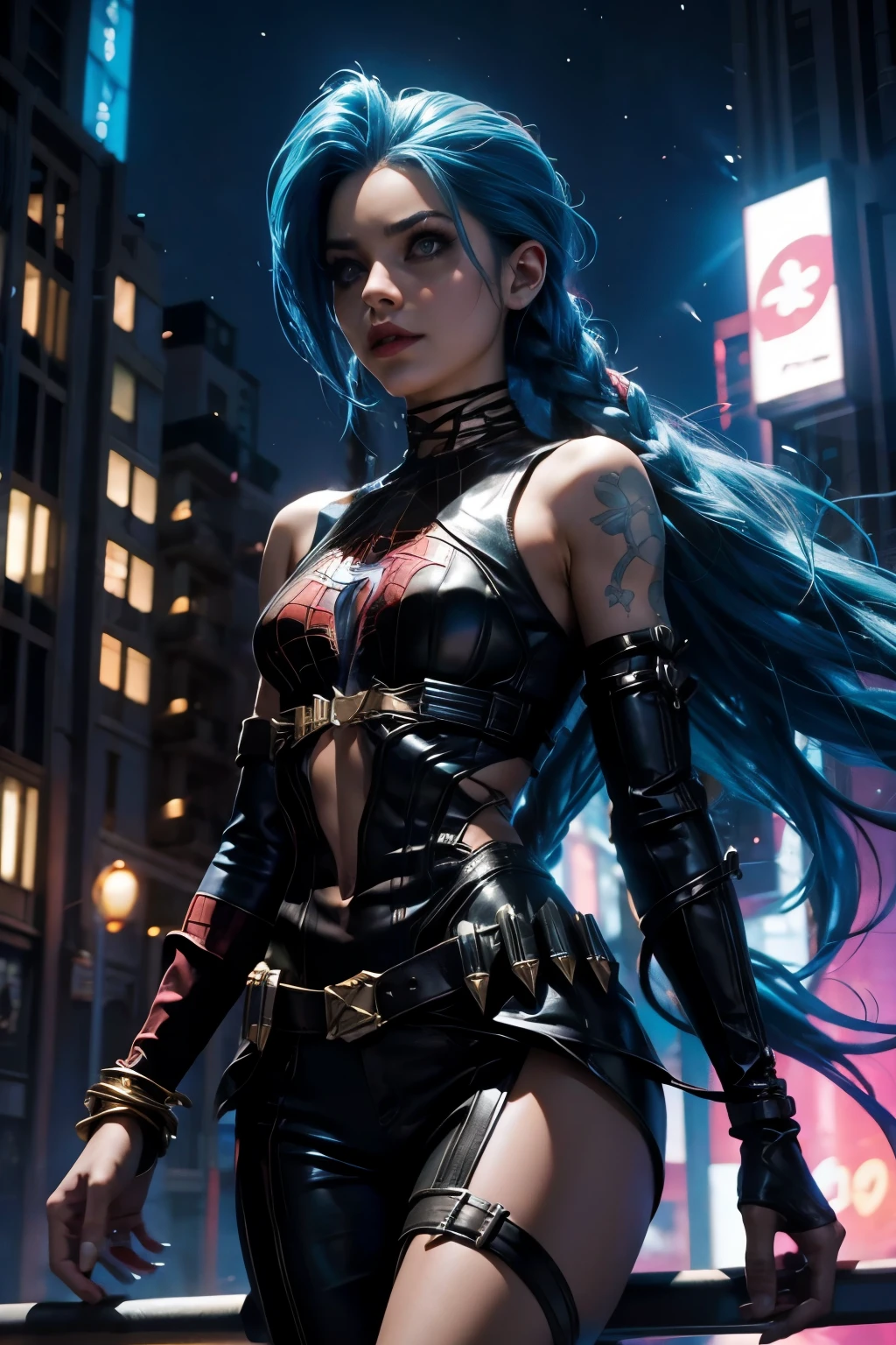 Jinx con pelo celeste, vestida de spider man. Super heroina. Ciudad de noche metropolis
