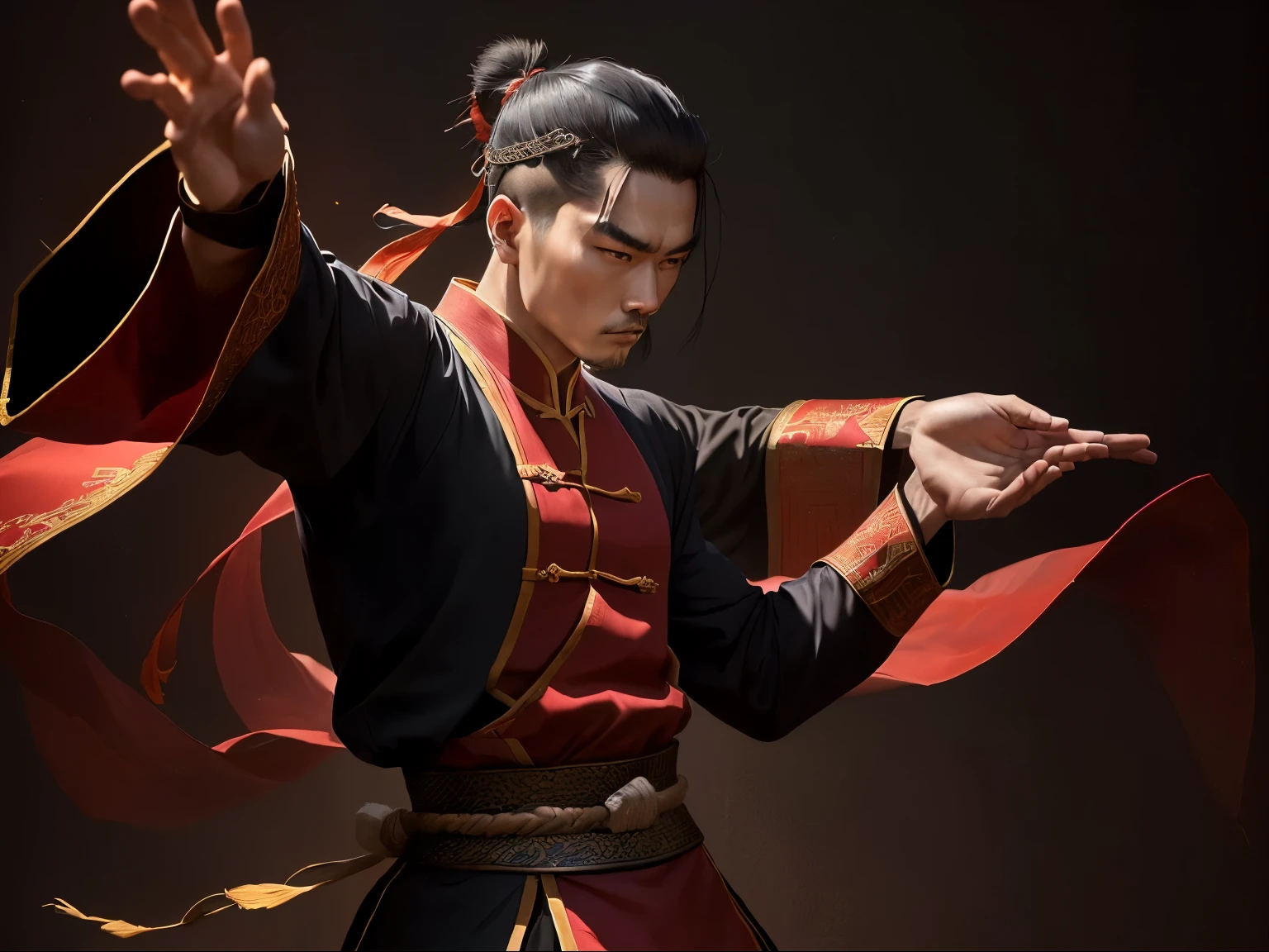 there is a man that is standing up with his hands out, inspired by Ma Quan, inspired by Liao Chi-chun, man standing in defensive pose, inspired by Chen Chi, changquan, portrait of combat dancer, tai chi, in the style of sifu 🔥 😎 🕹️ 👀 :2, photo shoot, inspired by Shen Quan, inspired by Gong Xian