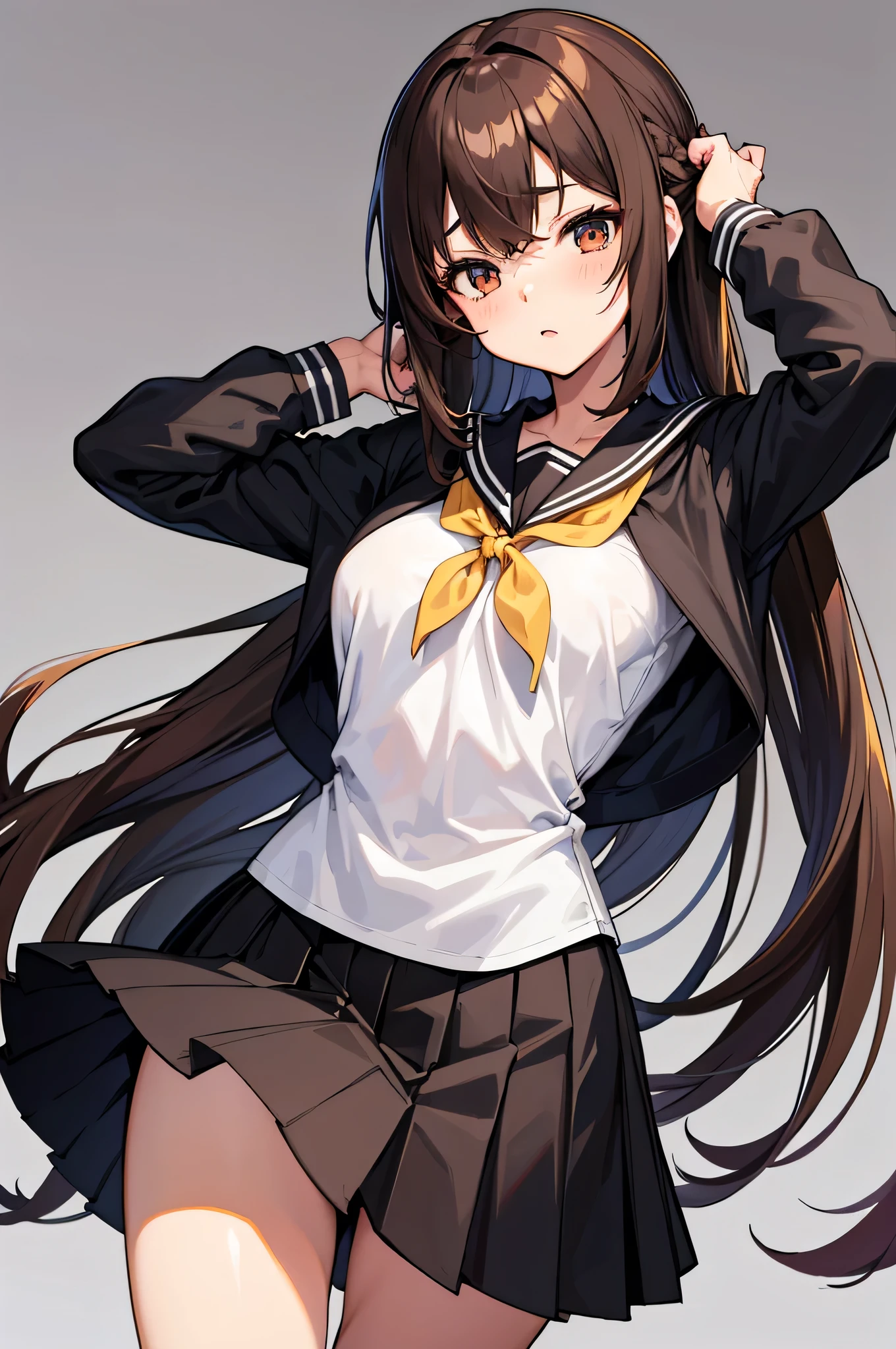 Twin tails Brown Hair
Black Knee High Panty shot high school girl uniform