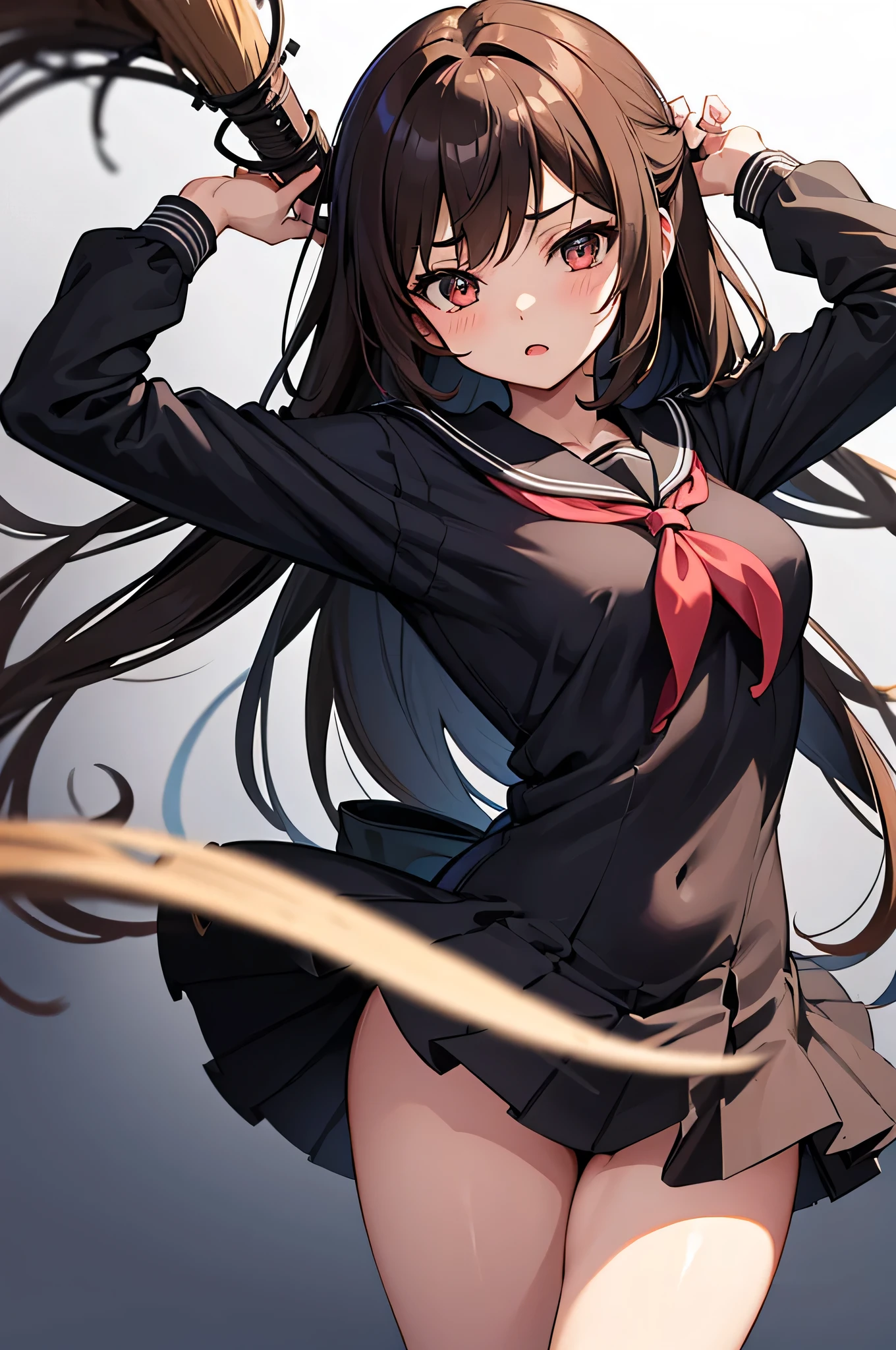 an anime character with long brown tresses and a short miniskirt in sailor very open outfit, holding a bow and arrow, 1girl, solo, lift miniskirt, sexy, very short school uniform, sexy, short serafuku, firm medium breasts, long hair, black hair, cowboy miniskirt, looking at viewer, white background, simple background, black serafuku, pleated skirt, blush, random low angle, uncensored, 70% nude, nsfw, all intricate details