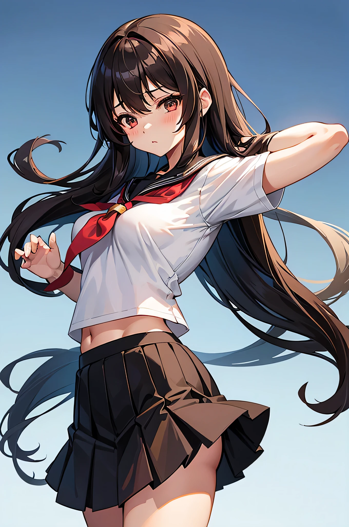 an anime character with long brown tresses and a short miniskirt in sailor very open outfit, holding a bow and arrow, 1girl, solo, lift miniskirt, sexy, very short school uniform, sexy, short serafuku, firm medium breasts, long hair, black hair, cowboy miniskirt, looking at viewer, white background, simple background, black serafuku, pleated skirt, blush, random low angle, uncensored, 70% nude, nsfw, all intricate details