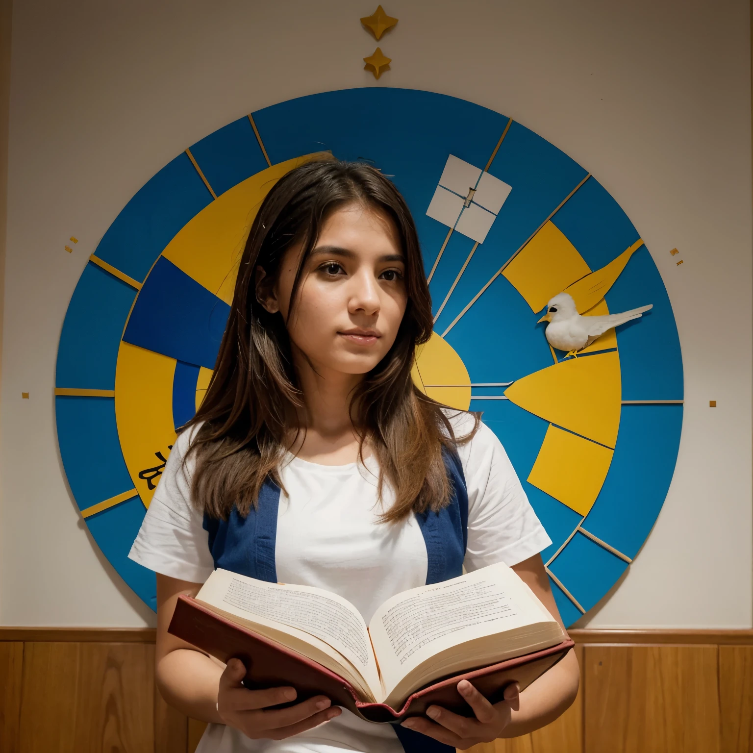 Design a shield for the CONVIVIR project of the Liceo Bicentenario de Concepción This design must have a shield, a shield with a circular design that symbolizes union and integrity. En el centro, there is an open book that represents learning and education. Encima del libro, se encuentra una paloma blanca, symbol of peace and harmony. Alrededor del libro y la paloma, hay manos entrelazadas, representing collaboration and mutual support between students. En la parte superior del escudo, se encuentra el lema "Promoviendo la convivencia escolar" en una cinta azul, amarilla y blanca, siguiendo los colores solicitados utiliza toda tu inteligencia
