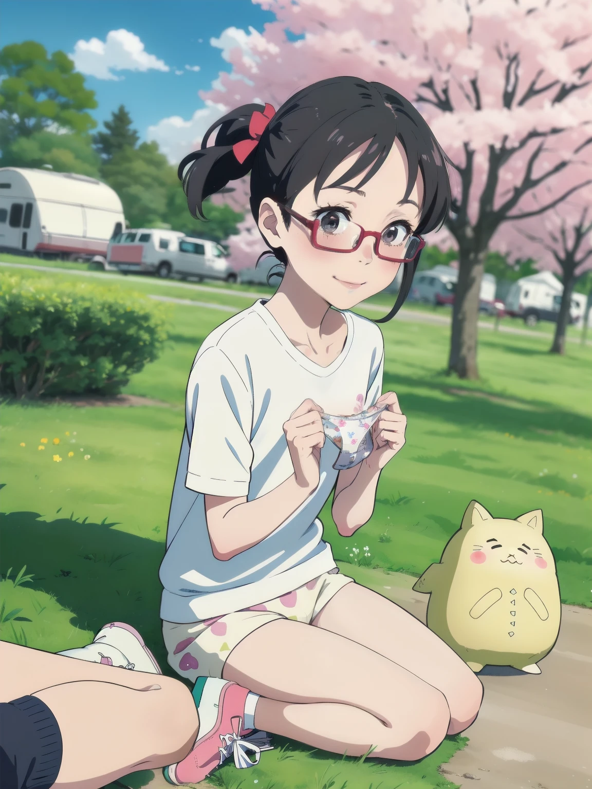 (super flat, flat shading), 1 girl，10 years old, , , Holding and showing panties，take up，baby face，Very short stature，very small flat chest，Very flat chest that looks like it might expand，very thin limbs，sneakers， camp site， (White Sumikko Gurashi printed panties:1.2), Pee stains:1.2，round glasses，Spring break，smile，blush，A little embarrassed，spring，Cherry tree，blue sky，bright，Low - Angle，Bright color，watercolor，ghibli style，accurate and detailed female fingers，