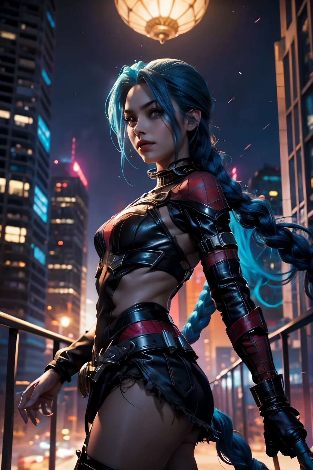 Jinx con pelo celeste, vestida de spider man. Super heroina. Ciudad de noche metropolis