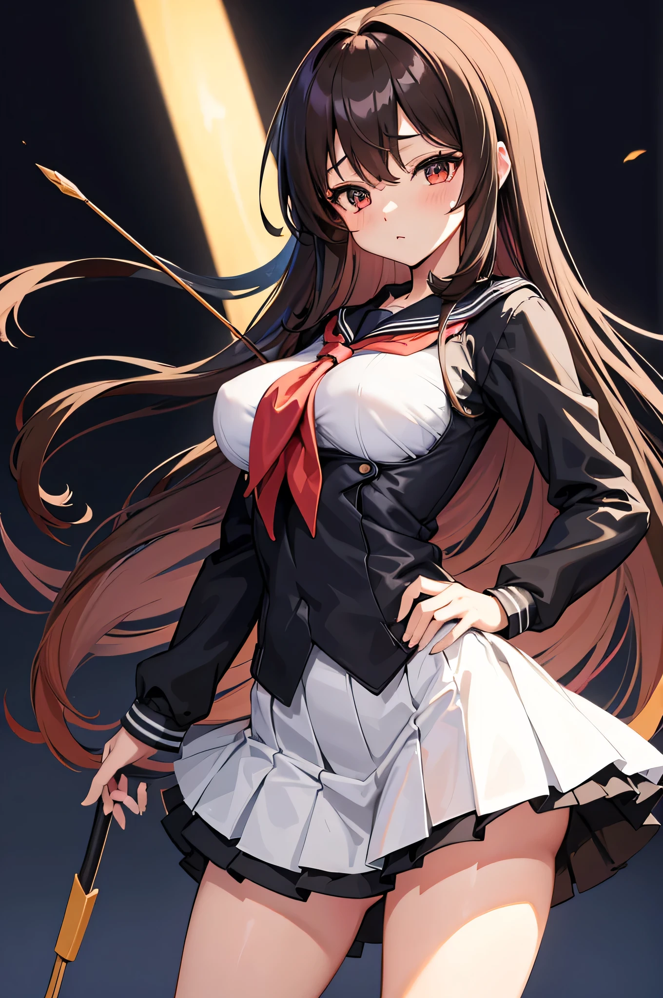 an anime character with long brown tresses and a short miniskirt in sailor very open outfit, holding a bow and arrow, 1girl, solo, lift miniskirt, sexy, very short school uniform, sexy, short serafuku, firm medium breasts, long hair, black hair, cowboy miniskirt, looking at viewer, white background, simple background, black serafuku, pleated skirt, blush, random low angle, uncensored, 90% nude, nsfw, all intricate details