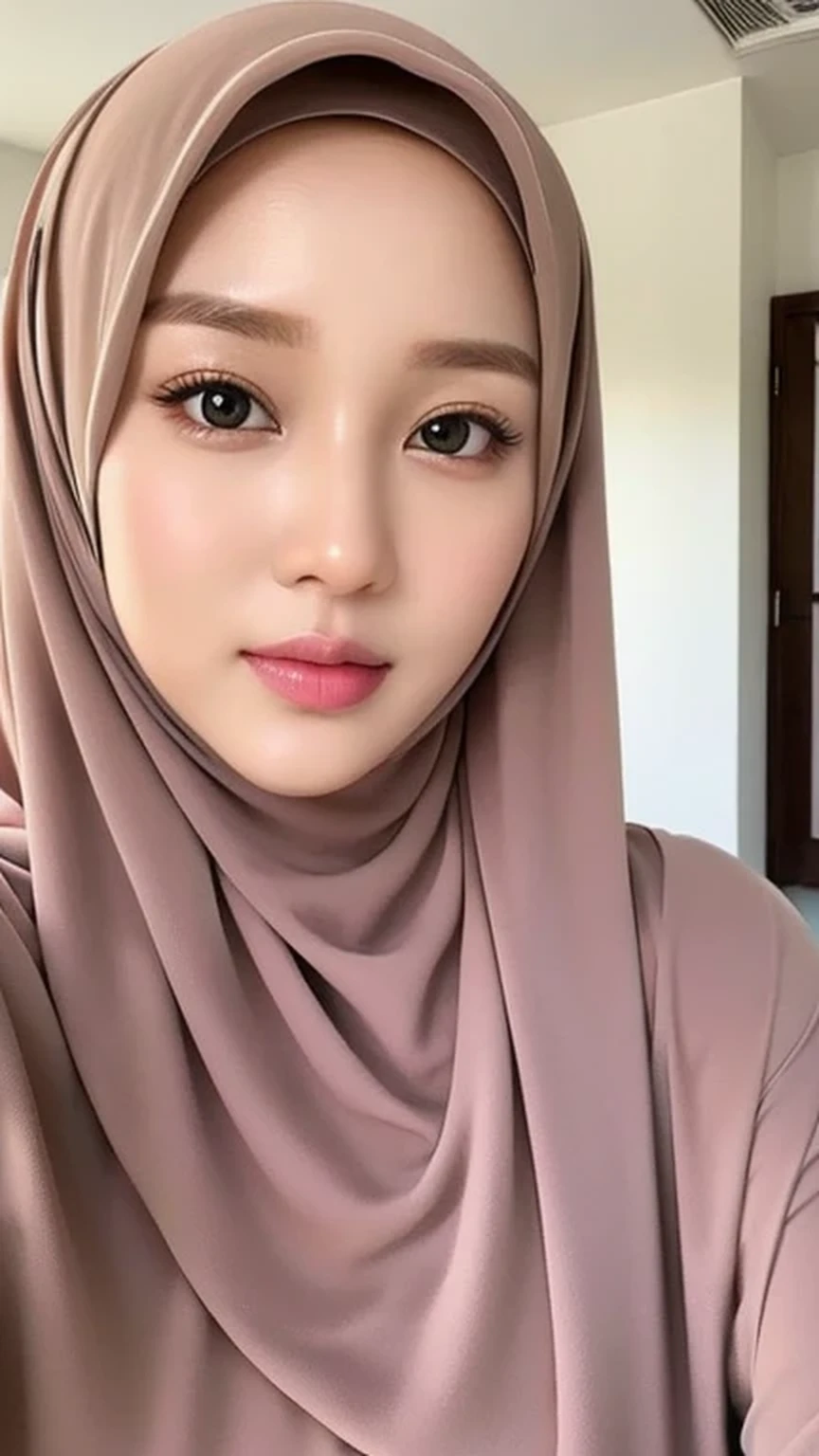 Beautuful Women、hijab, indonesian, realistic, ultra detailed face, 8K、selfee、a room, white room, cute, beautiful, alone