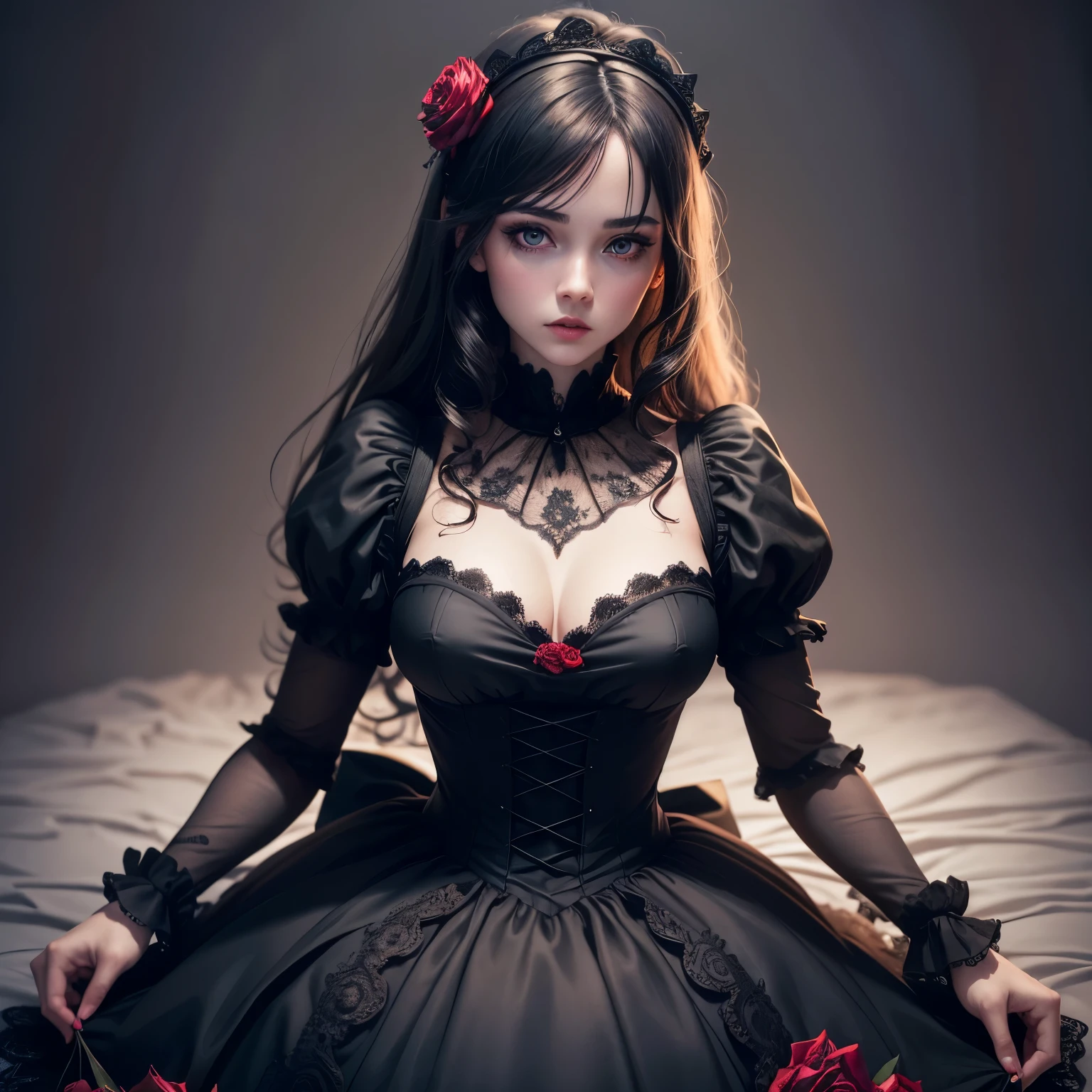 (realistic,photorealistic:1.37),(best quality,4k,8k,highres,masterpiece:1.2),ultra-detailed,a gothic-ta girl in a full-body photograph,detailed eyes,detailed lips,long eyelashes,black lace dress,porcelain skin,pale complexion,black platform boots,blood red rose,Alice in Wonderland inspired background,soft candlelight,hint of mystery,vivid colors,dark and moody lighting,ethereal atmosphere