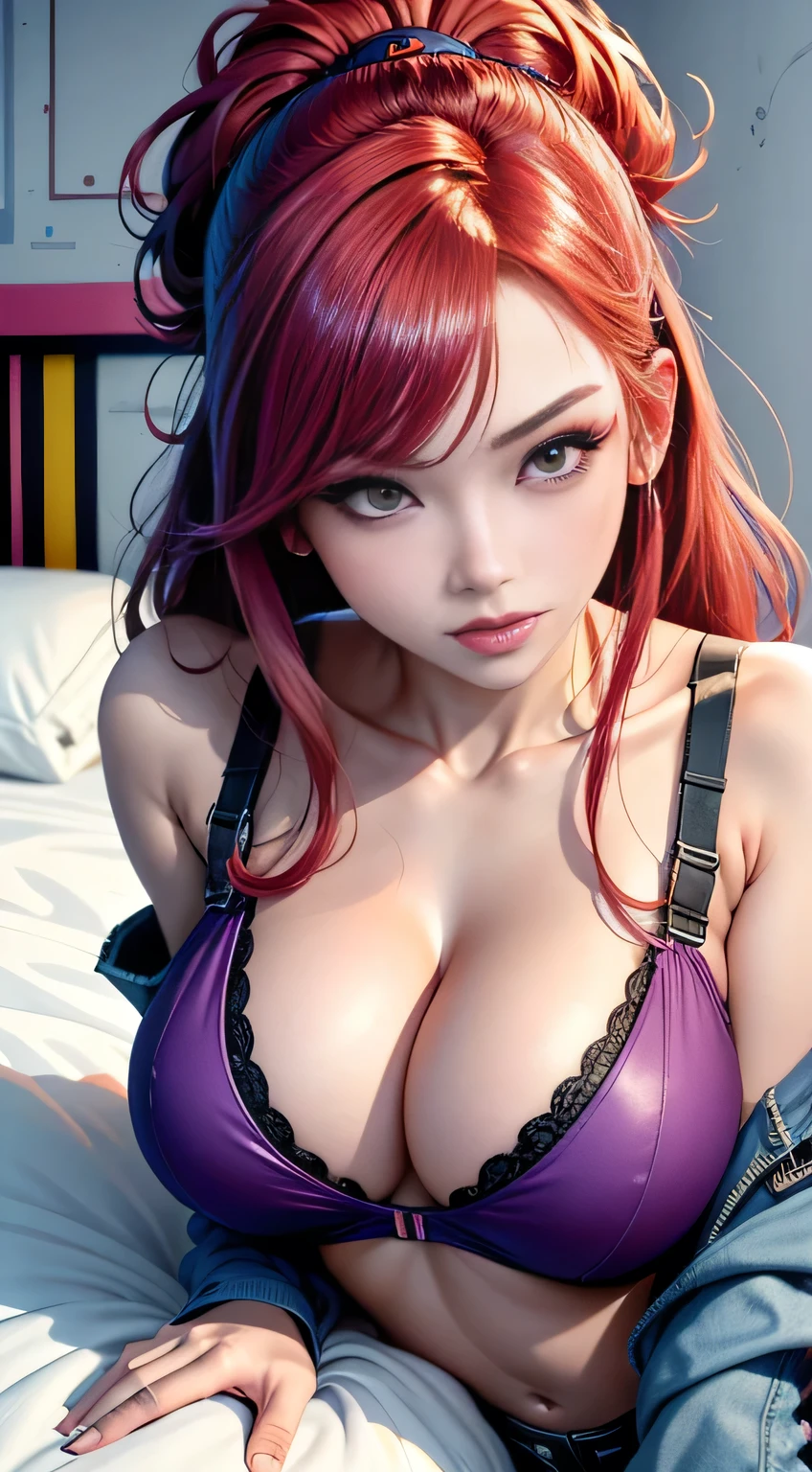 sfw, ((lying on bed top view)), best quality, anime girl with red hair and blue shirt stands in front of a neon city, Anime style 4k, seductive anime girl, lofi girl, retro anime girl, Anime style. 8k, 80s anime vibe, anime vibe, cyberpunk digital anime art, 80s anime art style, digital anime illustration, cyberpunk anime girl, city girl fanartwoman helping neon undress, woman chokes neon during sex, wearing bra,((skinny waist)), young asian girl, ((big breasted)),