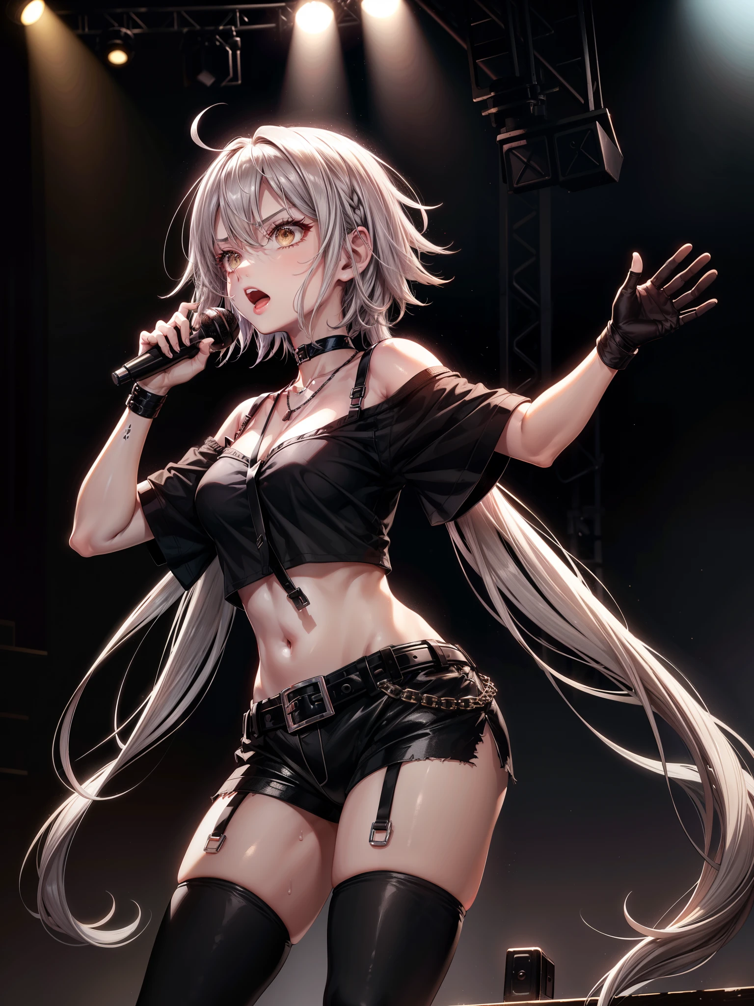 score_9,  score_8_up, score_7_up ffPaine, grey hair, choker, suspenders, necklace, off-shoulder shirt, black shirt, black gloves, midriff, belt, black shorts, black thighhighs,
on stage, stage lights, microphone, singing, sweat