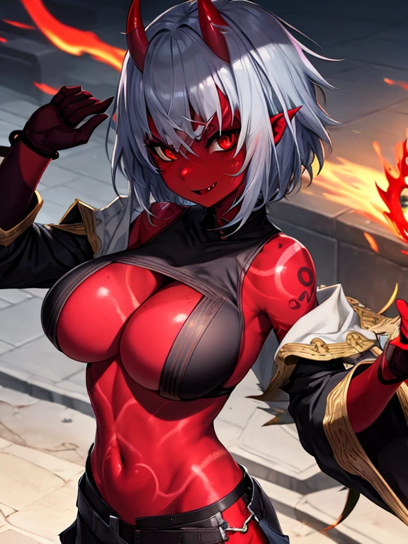 Official art, masutepiece, Sharp Focus,(masutepiece, side lights, Beautiful Eyes of Details: 1.2), 3D Face, Realistic, Perfect face, Absolute resolution, High resolution, Texture, (masutepiece: 1.5), (Best Quality), 8K, (Beautiful Face and Eyes in High Resolution), (girl with), (oni Girl, Bad girl, boysh: 1.5), (crimson red Skin, Colored skin, tatoo: 1.5), (fang, horns), Spiky ears, (shiny skin, Oiled skin, slender, large breasts:1.5), Evil smile, Open mouth, (Thick eyebrows: 1.3), thin hip, Bare legged,(black sclera eyes:1.3), (Silver rough short hair:1.5), (Midnight), (corruption, turn evil, attacking viewer action, hold down viewer:1.5), Detailed legs, Detailed sole, (cleverge, underboob:1.4), (crimson red skin:1.5)