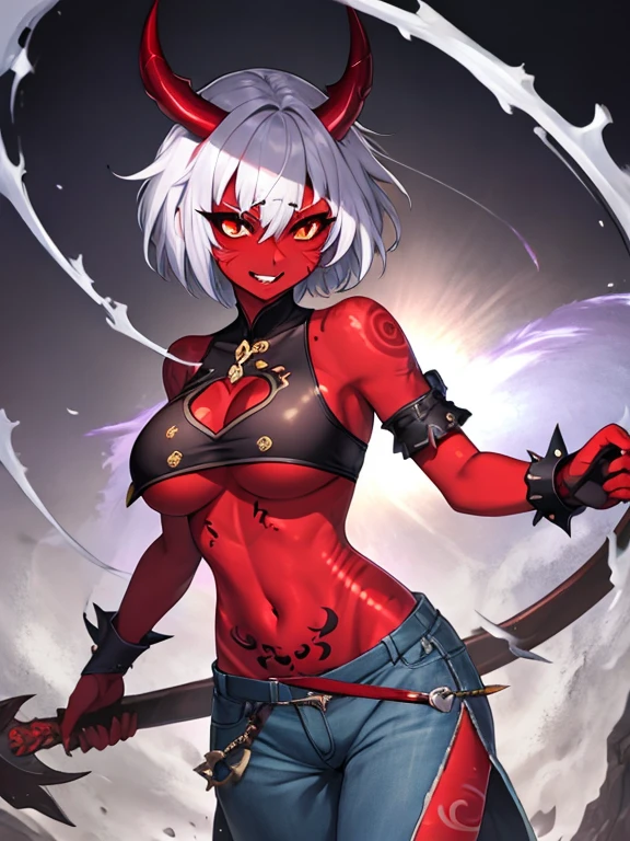 Official art, masutepiece, Sharp Focus,(masutepiece, side lights, Beautiful Eyes of Details: 1.2), 3D Face, Realistic, Perfect face, Absolute resolution, High resolution, Texture, (masutepiece: 1.5), (Best Quality), 8K, (Beautiful Face and Eyes in High Resolution), (girl with), (oni Girl, Bad girl, boysh: 1.5), (crimson red Skin, Colored skin, tatoo: 1.5), (fang, horns), Spiky ears, (shiny skin, Oiled skin, slender, large breasts:1.5), Evil smile, Open mouth, (Thick eyebrows: 1.3), thin hip, Bare legged,(black sclera eyes:1.3), (Silver rough short hair:1.5), (Midnight), (corruption, turn evil, attacking viewer action, hold down viewer:1.5), Detailed legs, Detailed sole, (cleverge, underboob:1.4), (crimson red skin:1.5)