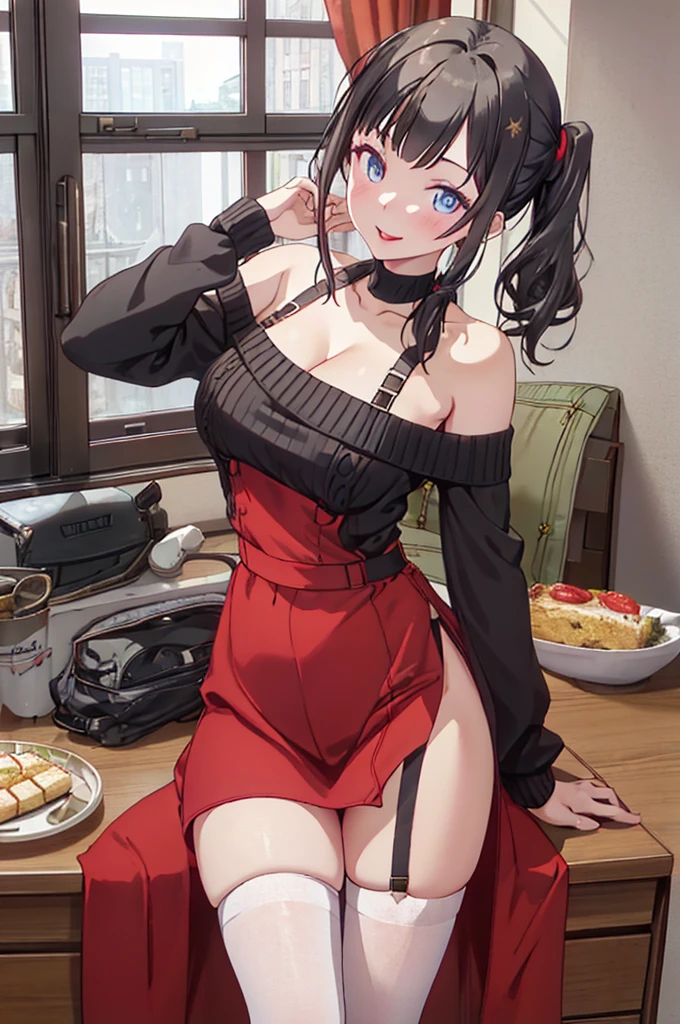 (dynamic angle:1.3, front view:1.1, breast focus:1.3, from below:1.2), (dynamic posing:1.5, sexy posing:1.2, leaning forward), (seductive smiling:1.3), ((looking at viewer, holding a cake)),highest quality、(real、photorealistic:1.4),(ultra high resolution, 8K RAW photo, clear focus), best qualtiy, natural lighting, field depth, (Bright pupils, detailed beautiful eyes, high detailed face), Red lip, (tight focus:1.2, from below), sexy posing, a girl 22yo old, teacher, wearing a , bootyshorts, Thicc, thin breast, long hair, blue eyes,off-shoulder dress, sweater dress, off-shoulder sweater, red sweater,garter stocking, cleavage:1.1, midriff, black shorts, black thighhighs, thigh strap, pretty girl, (highly detailed beautiful face and eyes,firm breasts),real skin,((black,hair,long pony tail hair)),thin pubic hair,cute,lovely, detailed eyes, This masterpiece is only visually stunning but also tells,(double breasted:1.2,under bust:1.2),(with sparkling eyes and a contagious smile),open mouth, Looking at Viewer,
