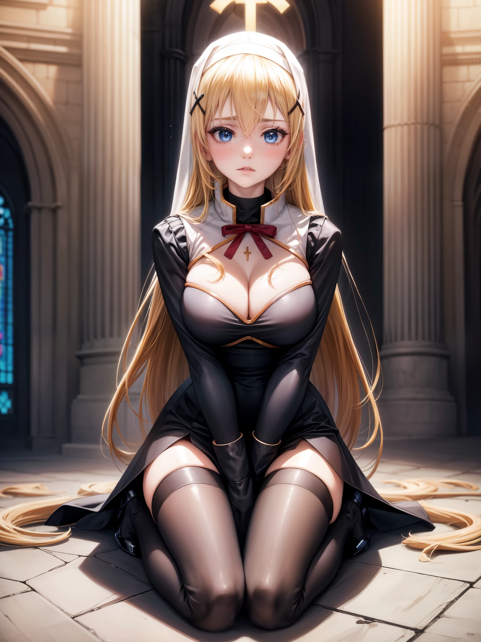 anime, score_9, score_8, solo, 1girl, nun, black dress, blue eyes, breasts, choker, cross, habit, large breasts, long hair, looking at viewer, nun, parted lips, side slit, crouching, thigh strap, beautiful, church, golden wedge heels, wedge heels, cross on shoes, open toed shoes,c0ne, pixel art,